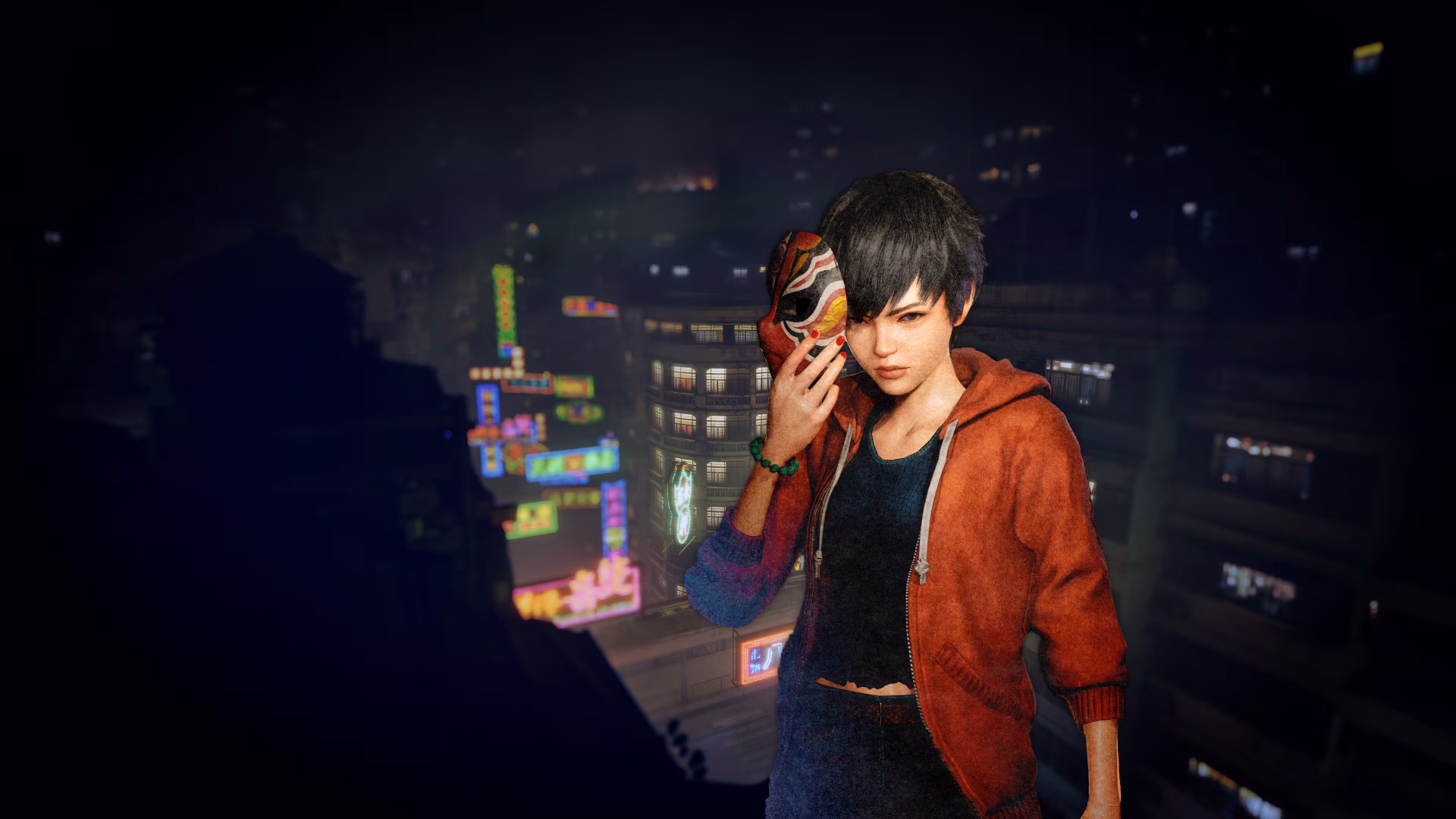 A character from the game Slitterhead stands confidently against a vibrant city backdrop, embodying the game's striking visual style in this detailed 4K Ultra HD desktop wallpaper.