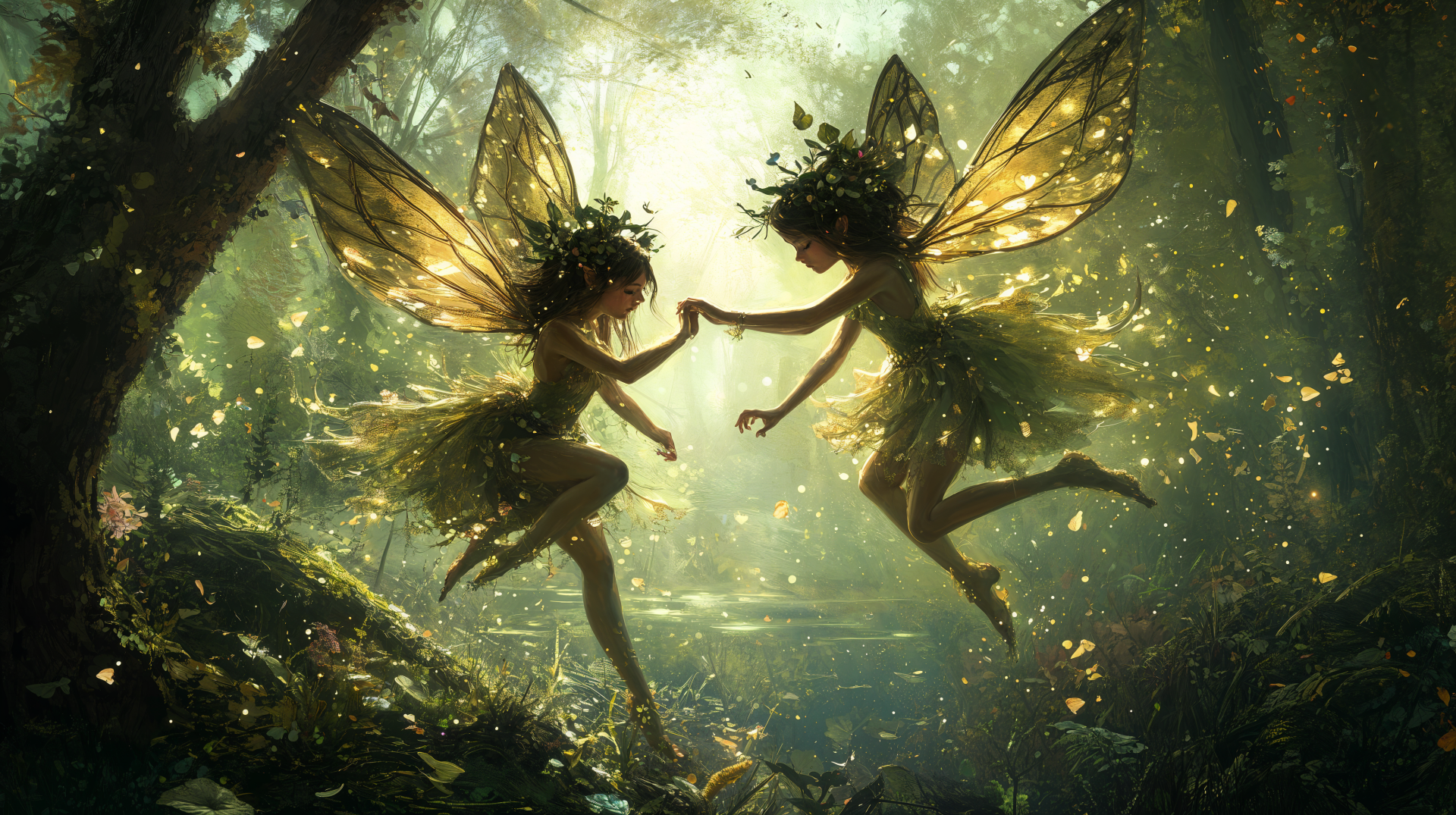A enchanting scene of forest fairies dancing in a magical woodland, illuminated by soft light and surrounded by shimmering foliage, captured in stunning 4K Ultra HD quality.