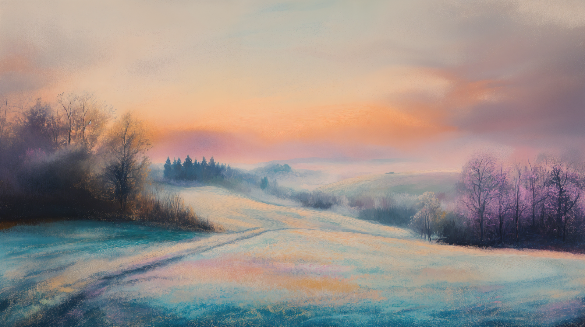 A serene landscape painted in soft pastels, featuring a vast field and distant trees under a softly hued sky at dawn. This 4K Ultra HD wallpaper captures tranquil beauty.
