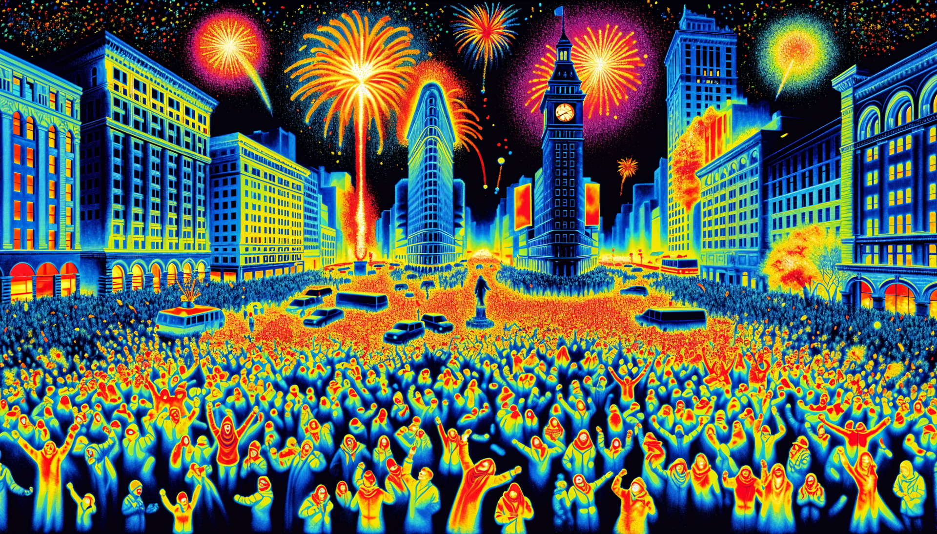 A vibrant New Year's Eve scene featuring a lively crowd celebrating in a city square, illuminated by colorful fireworks, captured as a stunning 4K Ultra HD desktop wallpaper.