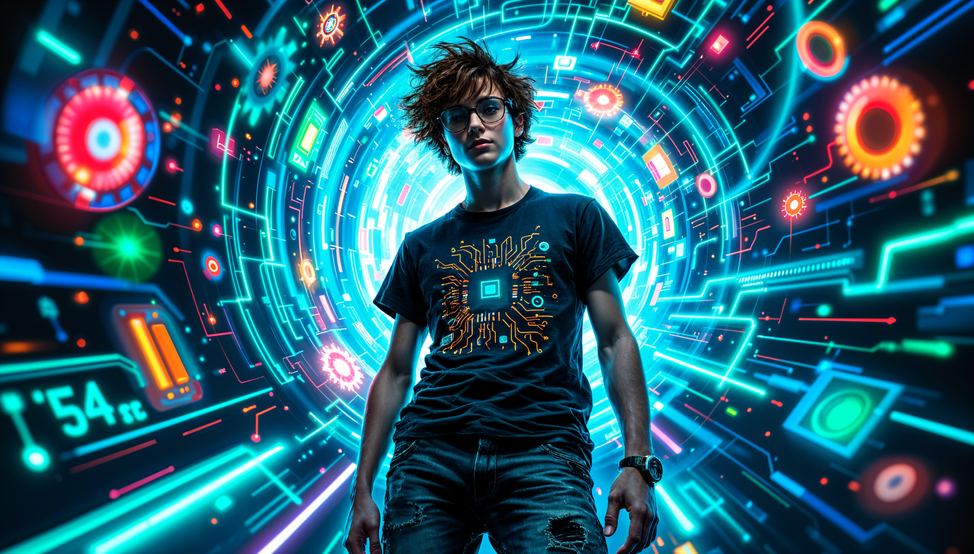 A young person with tousled hair stands confidently in a vibrant, futuristic digital landscape, wearing a tech-themed T-shirt. This 4K Ultra HD wallpaper captures a geek-inspired aesthetic.