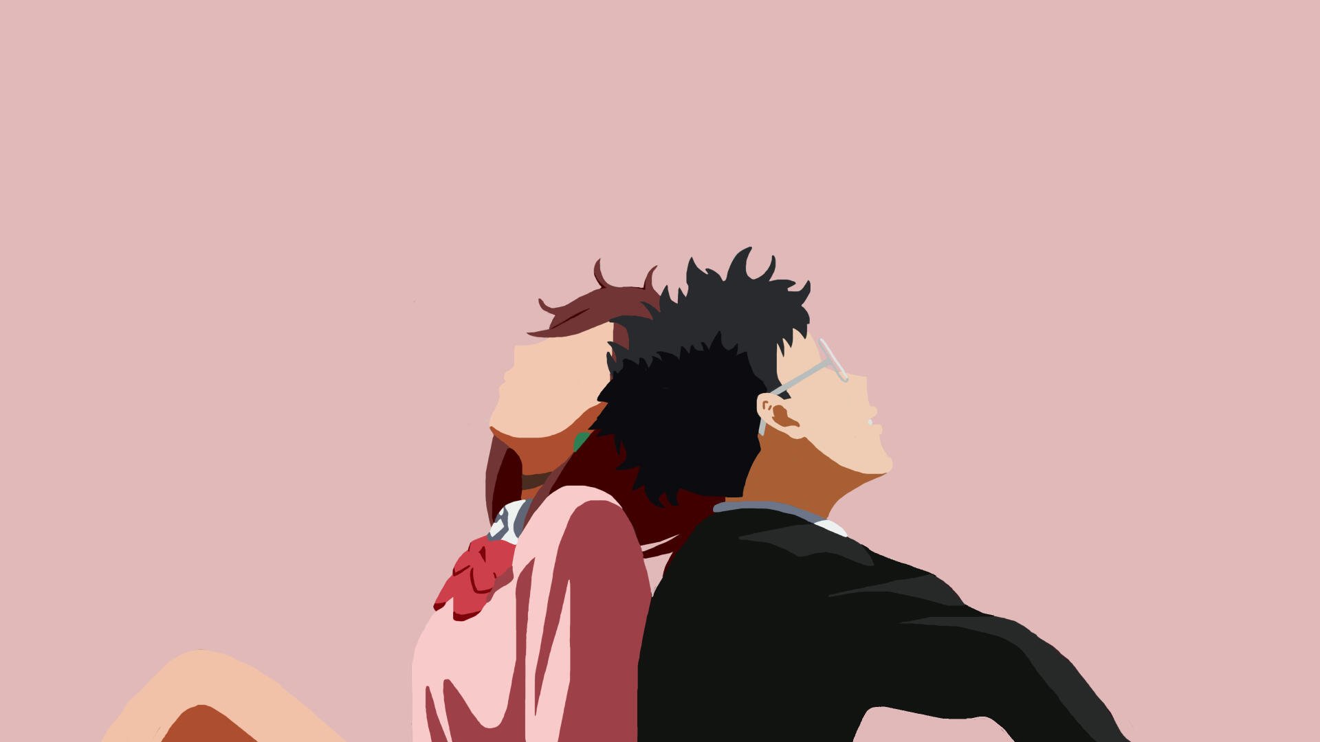 Minimalist 4K Ultra HD anime wallpaper featuring Ken Takakura and Momo Ayase from Dandadan against a soft pink background.