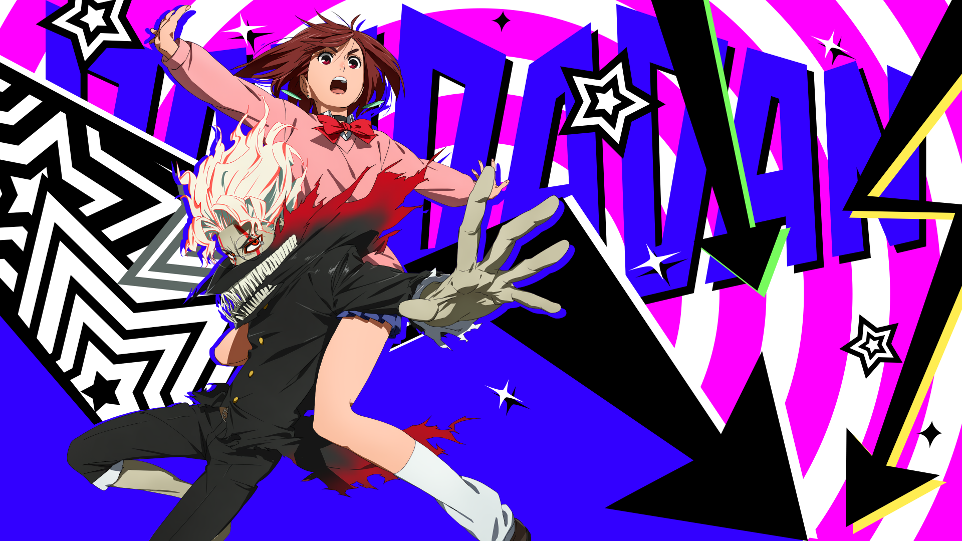 Dynamic 4K Ultra HD anime wallpaper featuring Momo Ayase and Ken Takakura from Dandadan with vibrant colors and bold graphic elements.
