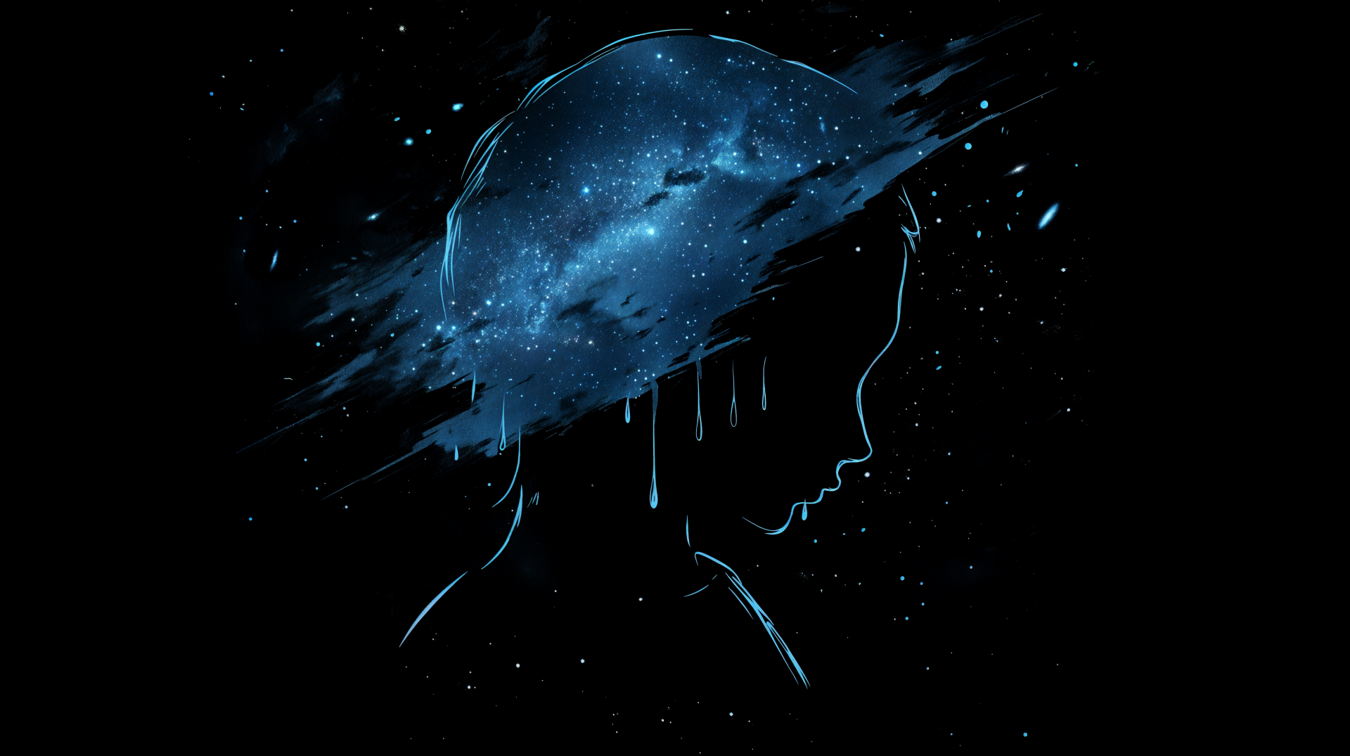 A poignant, artistic representation of a silhouette with a galaxy-themed head, evoking feelings of sadness. This 4K Ultra HD wallpaper captures deep emotion and creativity.