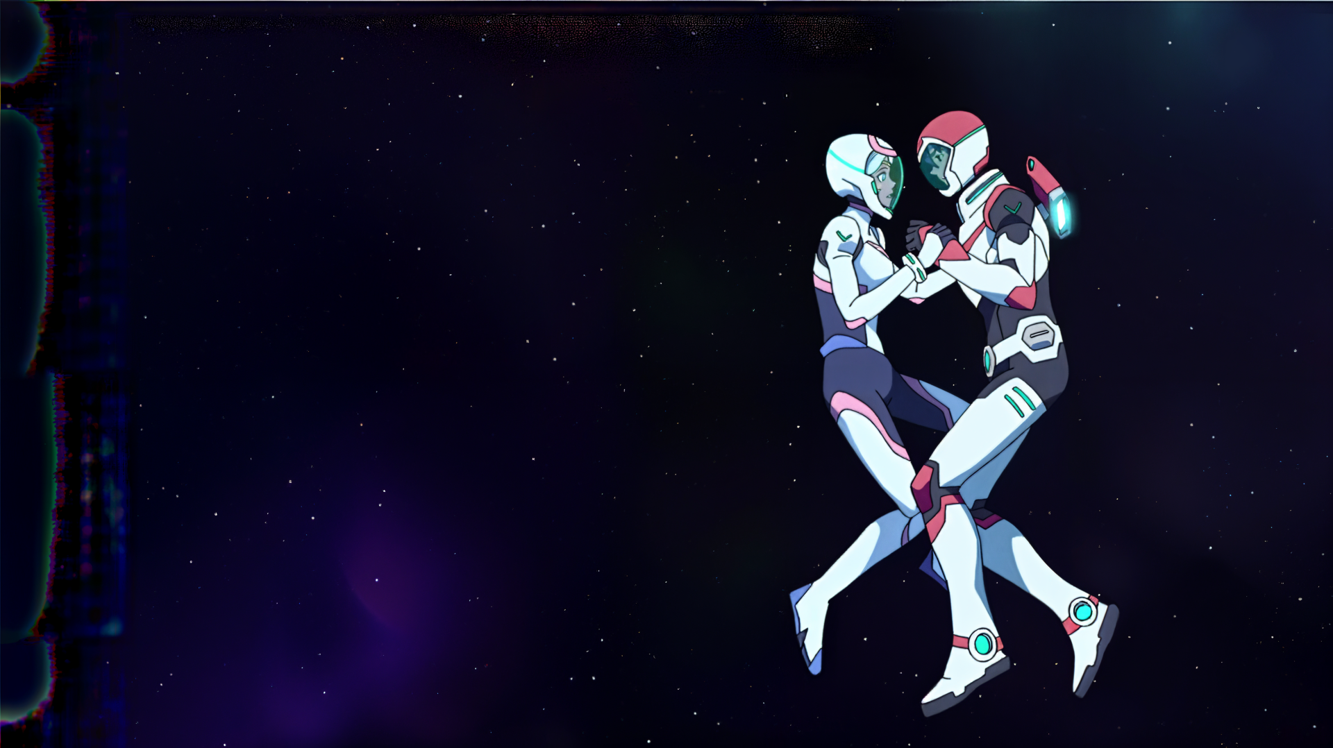 A vibrant 4K Ultra HD wallpaper featuring Keith Kogane from Voltron: Legendary Defender, showcasing a dynamic interaction between two characters against a cosmic backdrop.