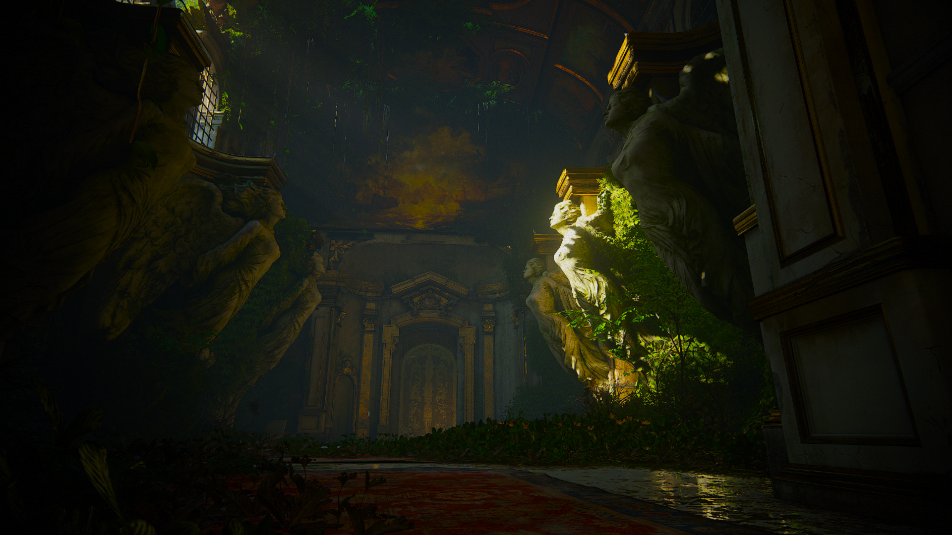 A stunning HD wallpaper depicting a lush, ancient ruin from the video game Uncharted, illuminated by soft light and vibrant greenery, creating an adventurous atmosphere.
