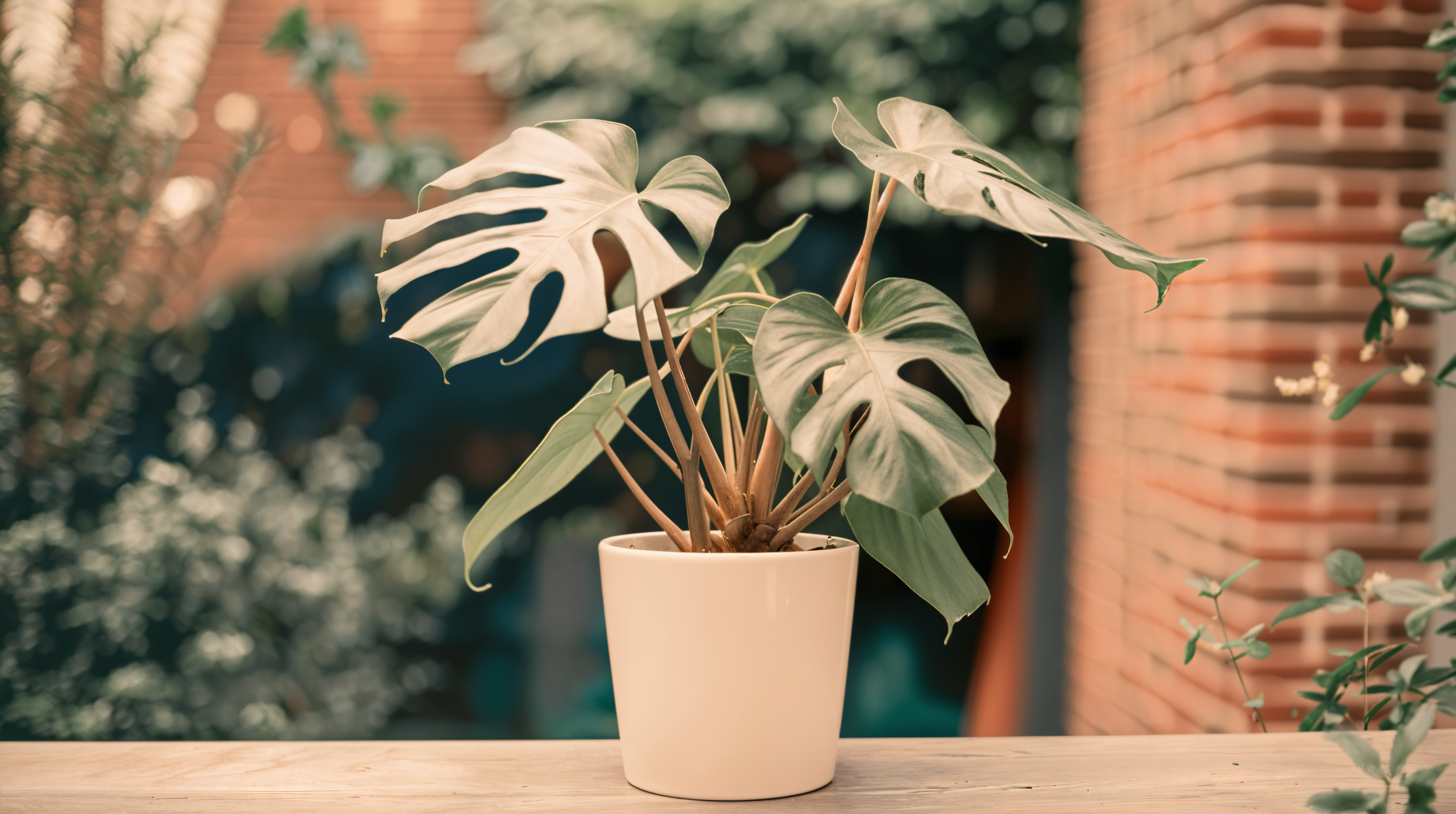 A vibrant monstera plant in a white pot, showcased in a beautifully blurred background, serves as a stunning 4K Ultra HD desktop wallpaper.