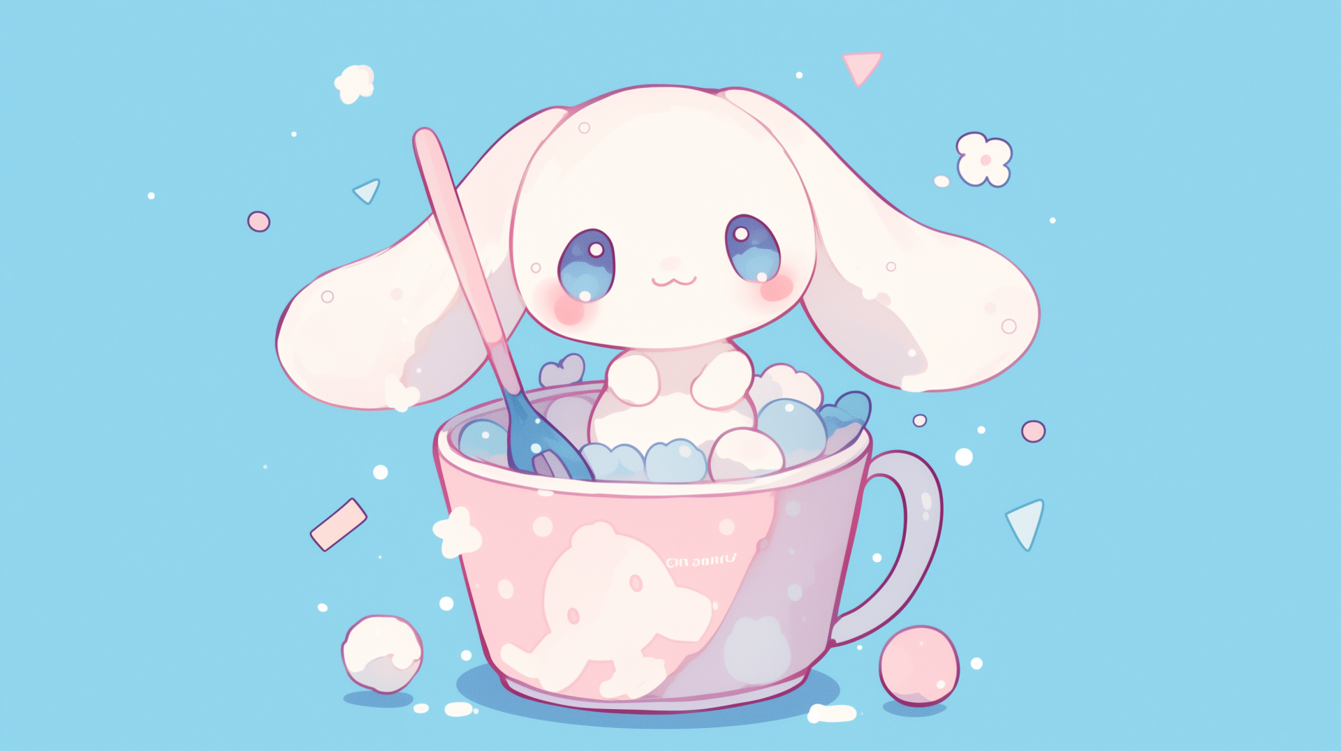 A cute Cinnamoroll character from Sanrio sits in a pink cup filled with fluffy clouds, surrounded by pastel shapes against a vibrant blue background. An enchanting anime-style wallpaper.