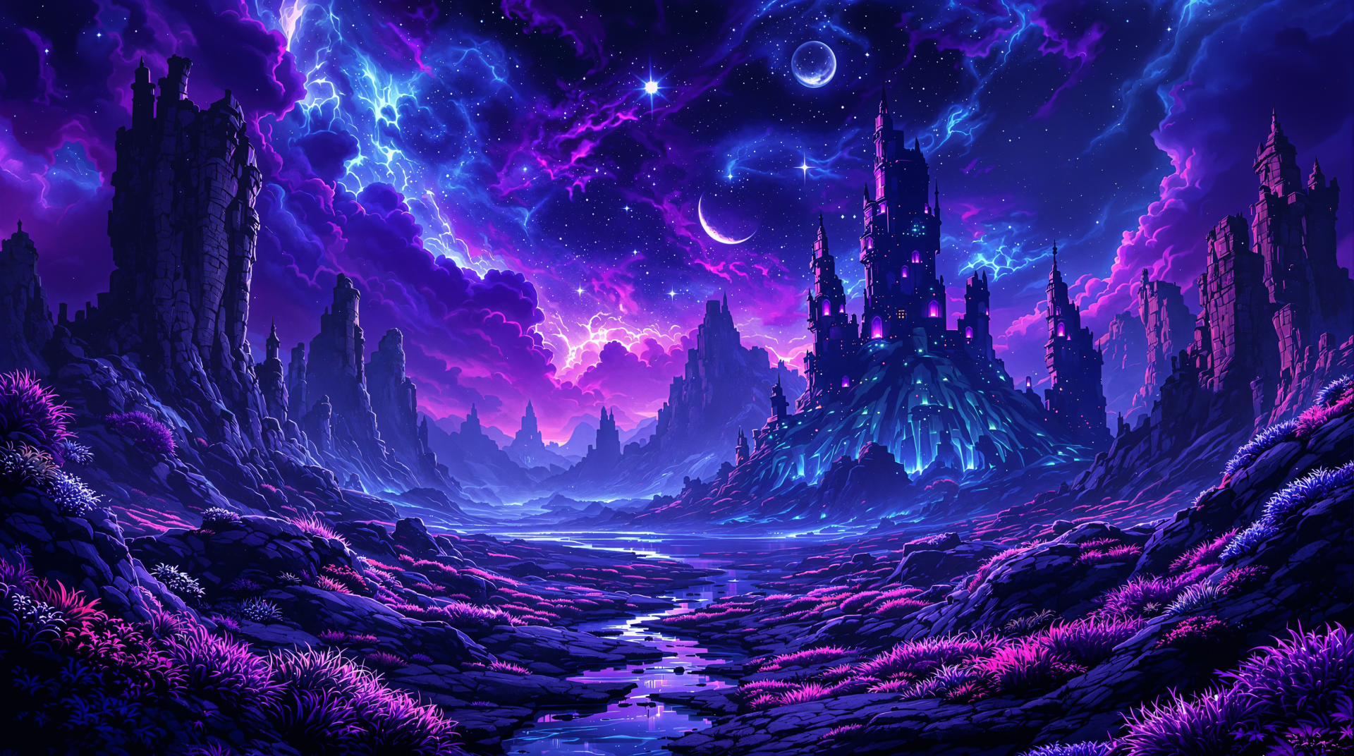 A vibrant fantasy landscape with a majestic castle, illuminated by a cosmic night sky filled with stars and planets, showcasing rich colors and intricate details in 4K Ultra HD.