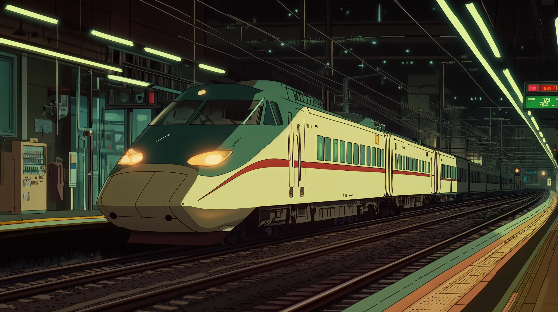 A vibrant anime train stands at a station, illuminated by glowing lights, capturing a dynamic moment in this 4K Ultra HD PC desktop wallpaper and background.