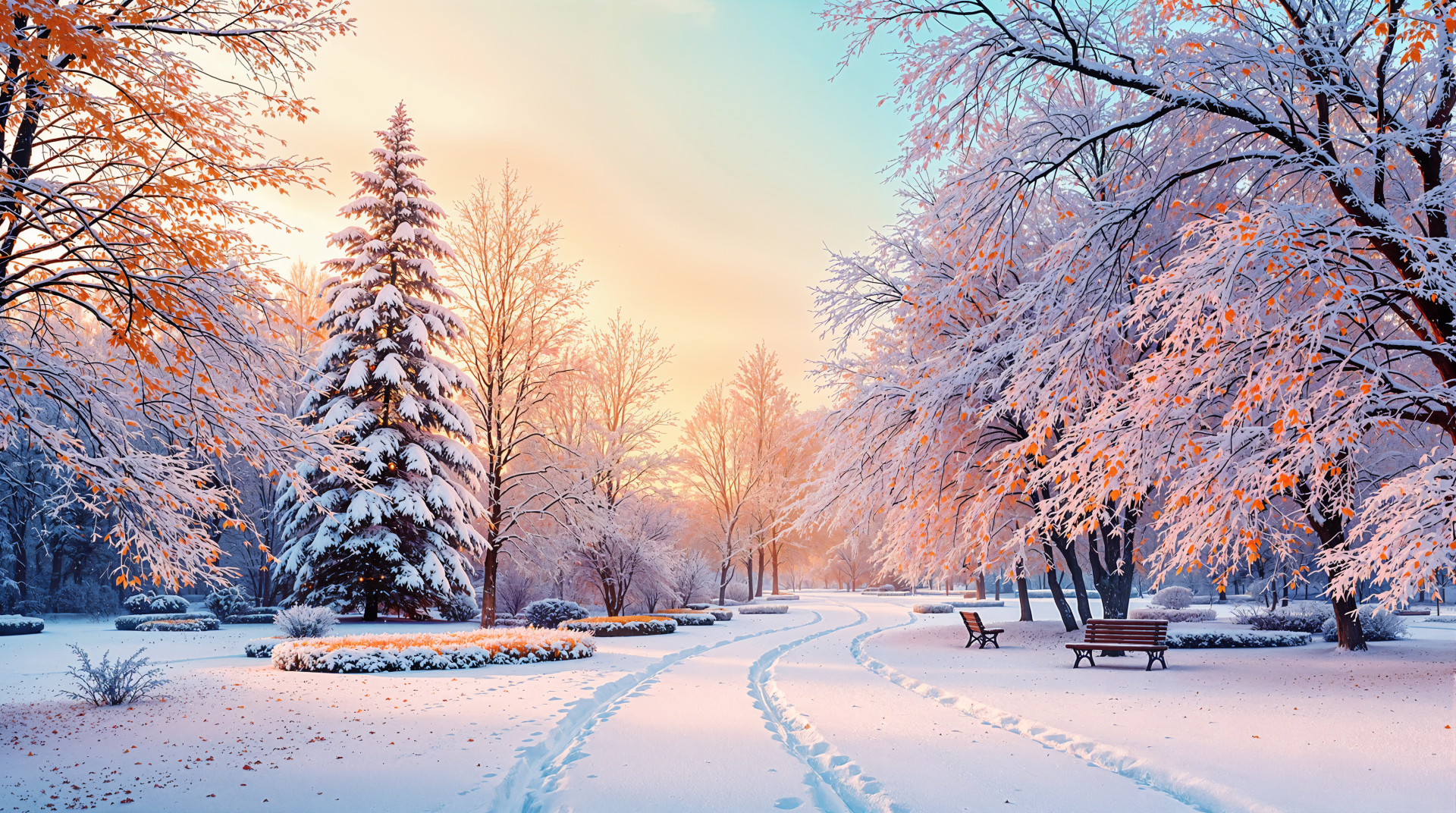 A serene snowy park scene featuring snow-covered trees and a winding path, illuminated by soft sunlight, serving as a stunning 4K Ultra HD PC desktop wallpaper.