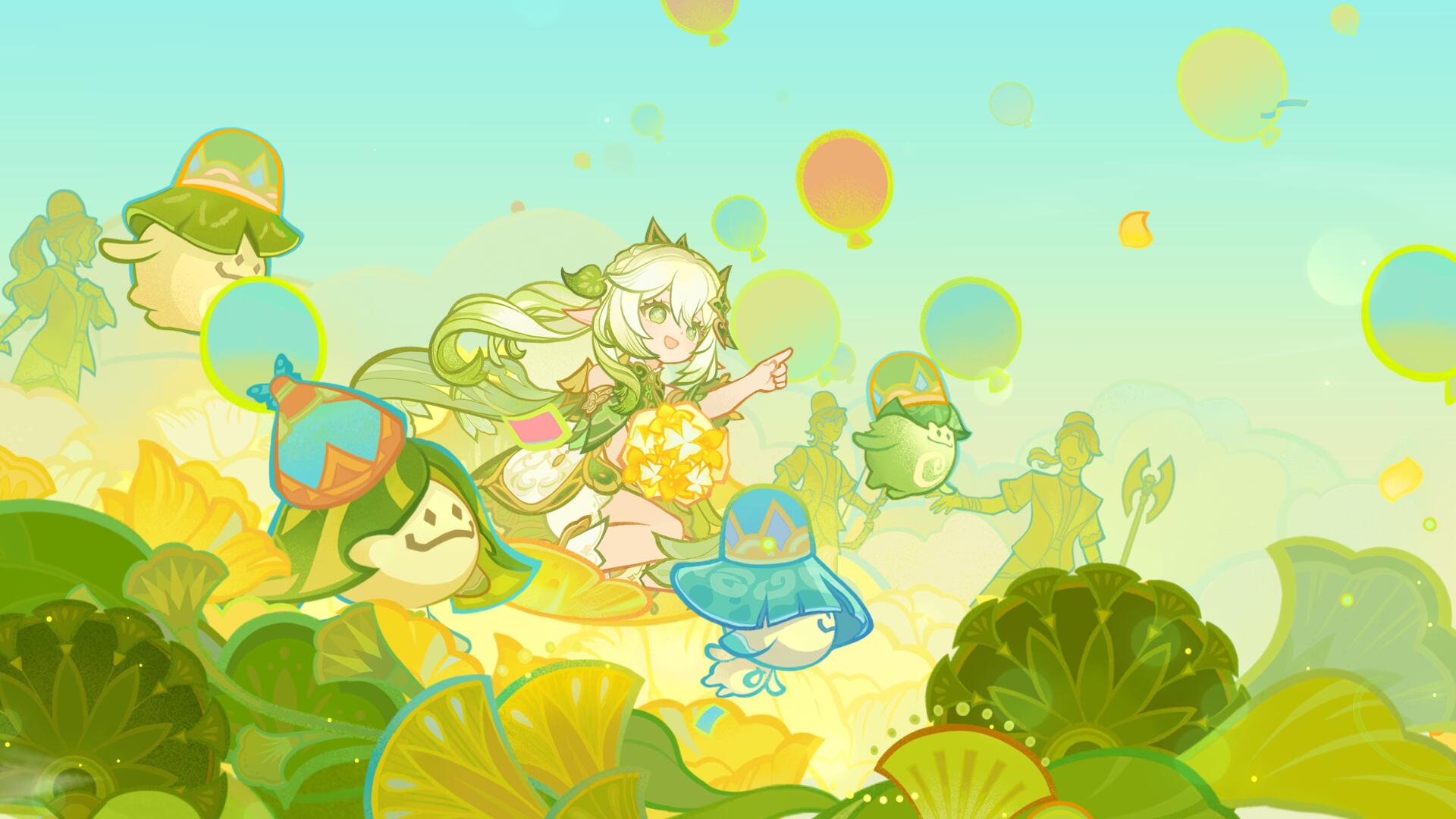 A vibrant 4K Ultra HD desktop wallpaper featuring Nahida from Genshin Impact, surrounded by colorful creatures and lush greenery, capturing the enchanting atmosphere of the game.