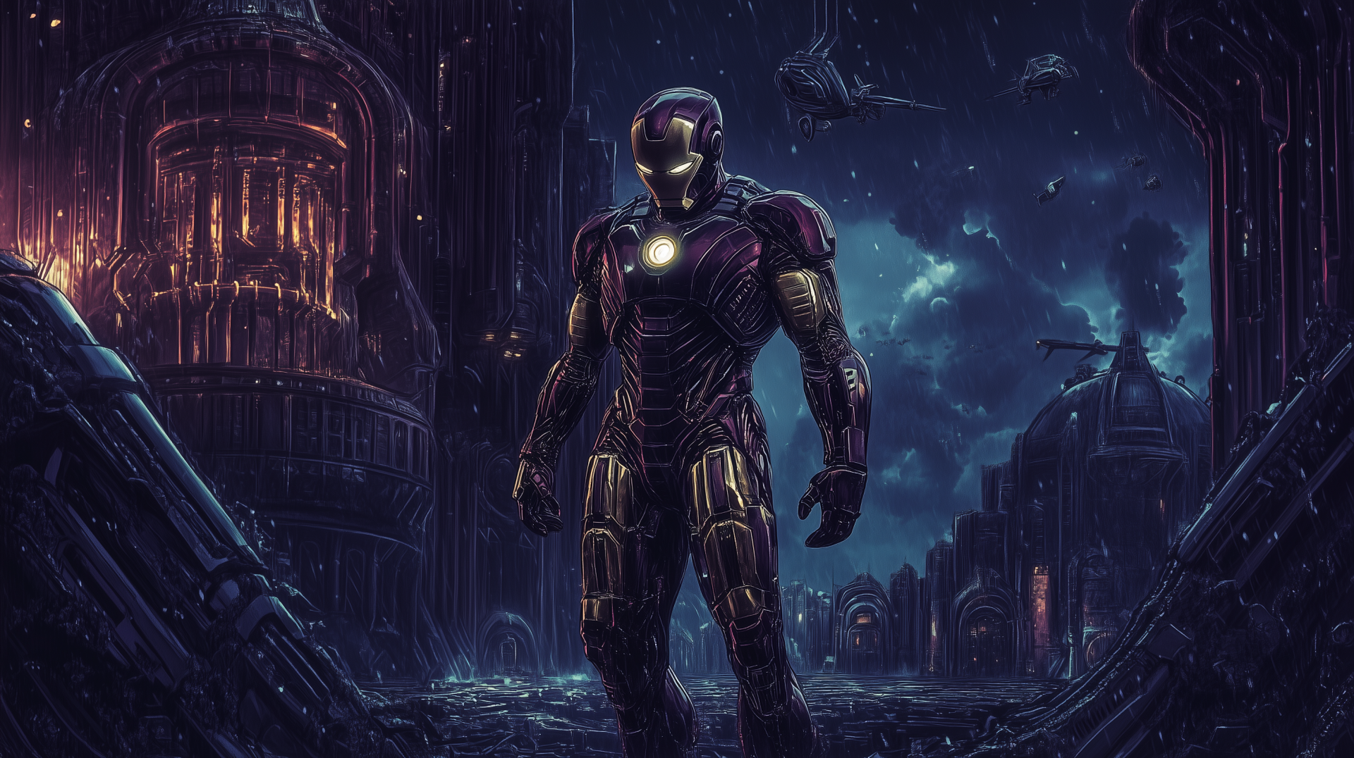 A dark HD wallpaper featuring Iron Man standing confidently amidst a futuristic, dystopian landscape, blending comic elements with a dramatic atmosphere.