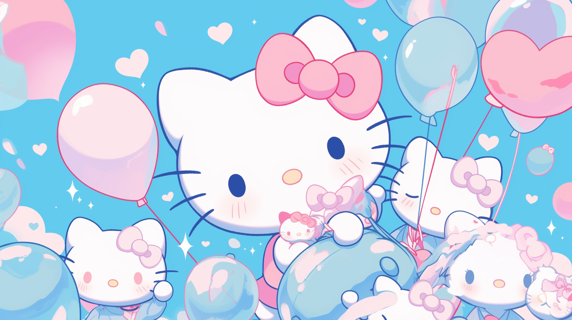 HD anime-style desktop wallpaper featuring Hello Kitty and friends surrounded by pastel balloons and hearts, showcasing a charming and aesthetic anime design.