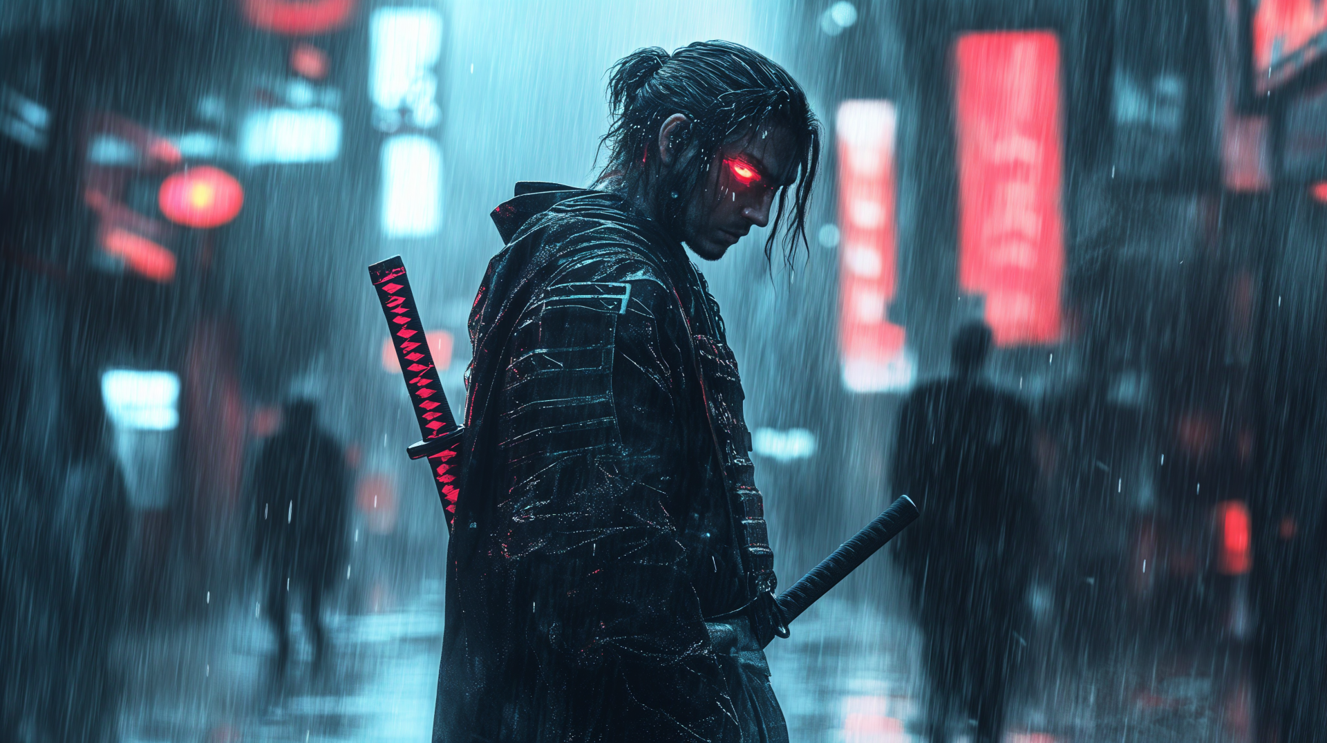 A cyberpunk samurai stands in a rain-soaked urban landscape, illuminated by neon lights, showcasing a dramatic 4K Ultra HD aesthetic for a striking desktop wallpaper.
