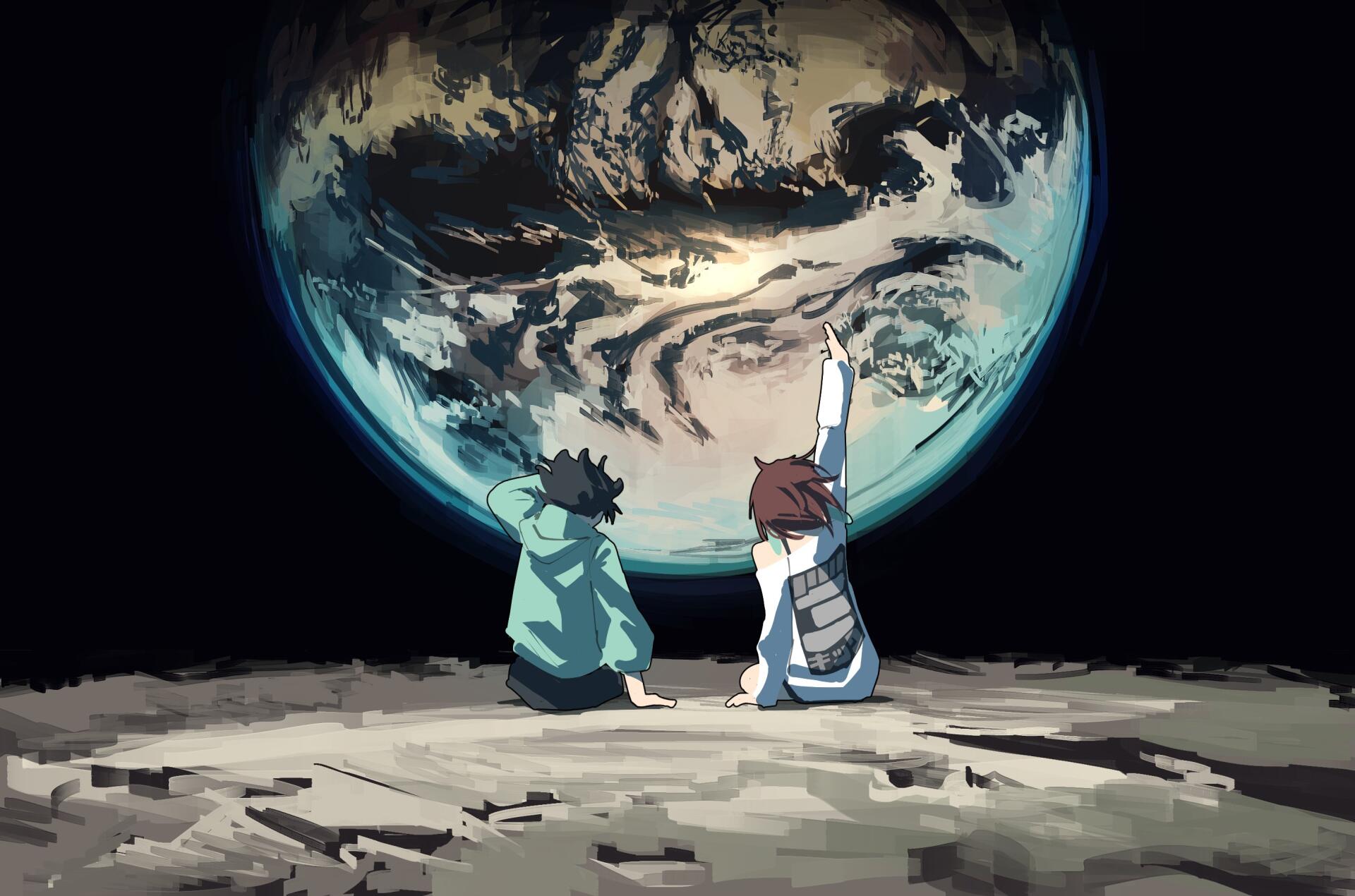 HD anime desktop wallpaper featuring Dandadan characters Momo Ayase and Ken Takakura sitting on a rocky surface with a large Earth-like planet in the background.
