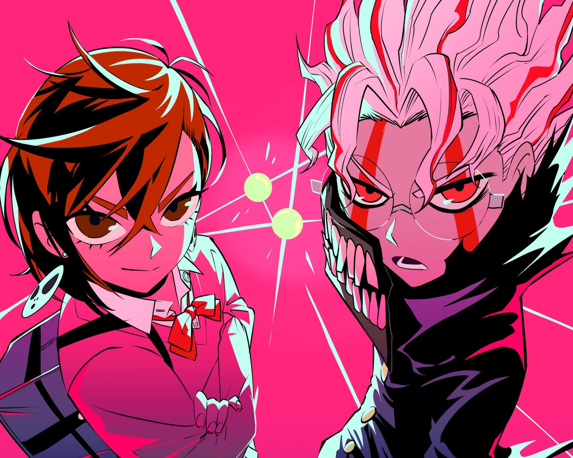 HD anime desktop wallpaper featuring Ken Takakura and Momo Ayase from Dandadan, showcasing intense expressions against a vibrant pink background.