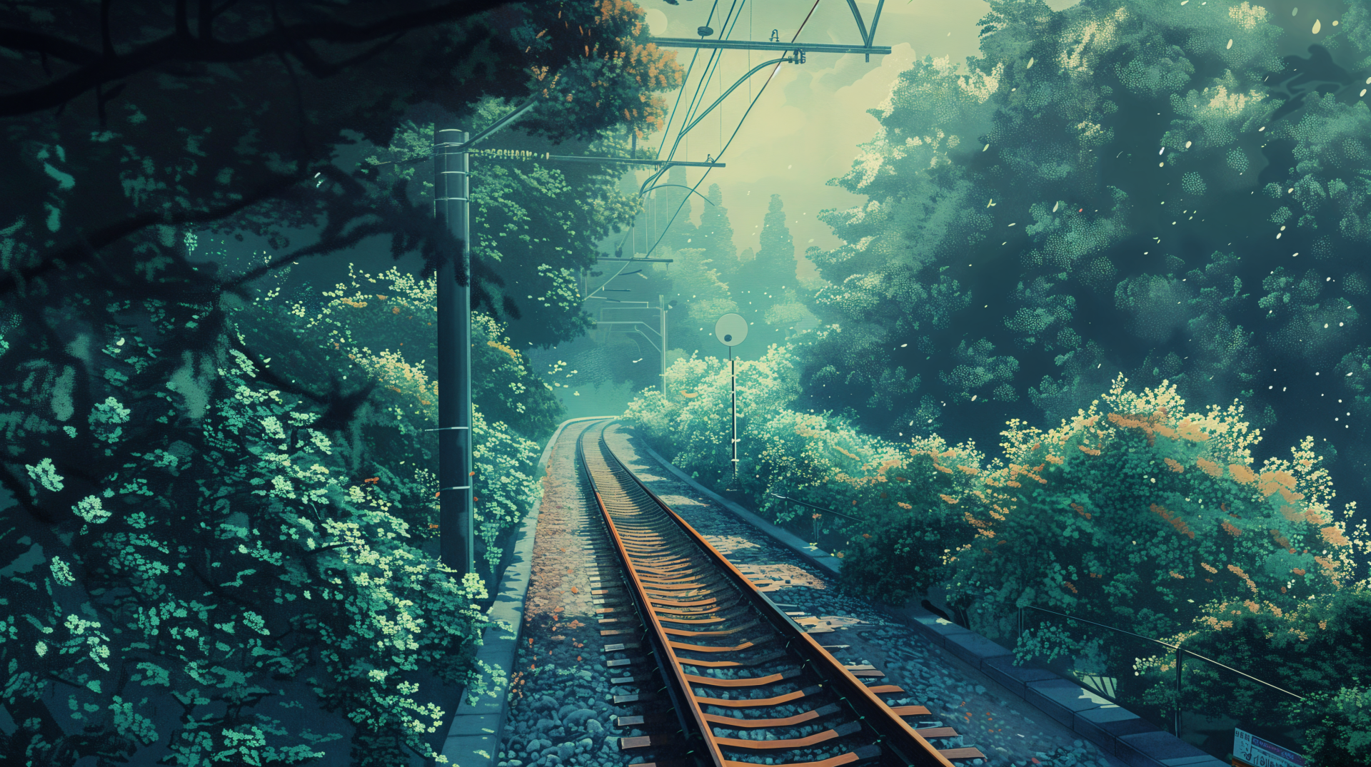 A vibrant 4K Ultra HD landscape of railroad tracks cutting through lush green nature, showcasing serene train tracks surrounded by dense forest foliage.