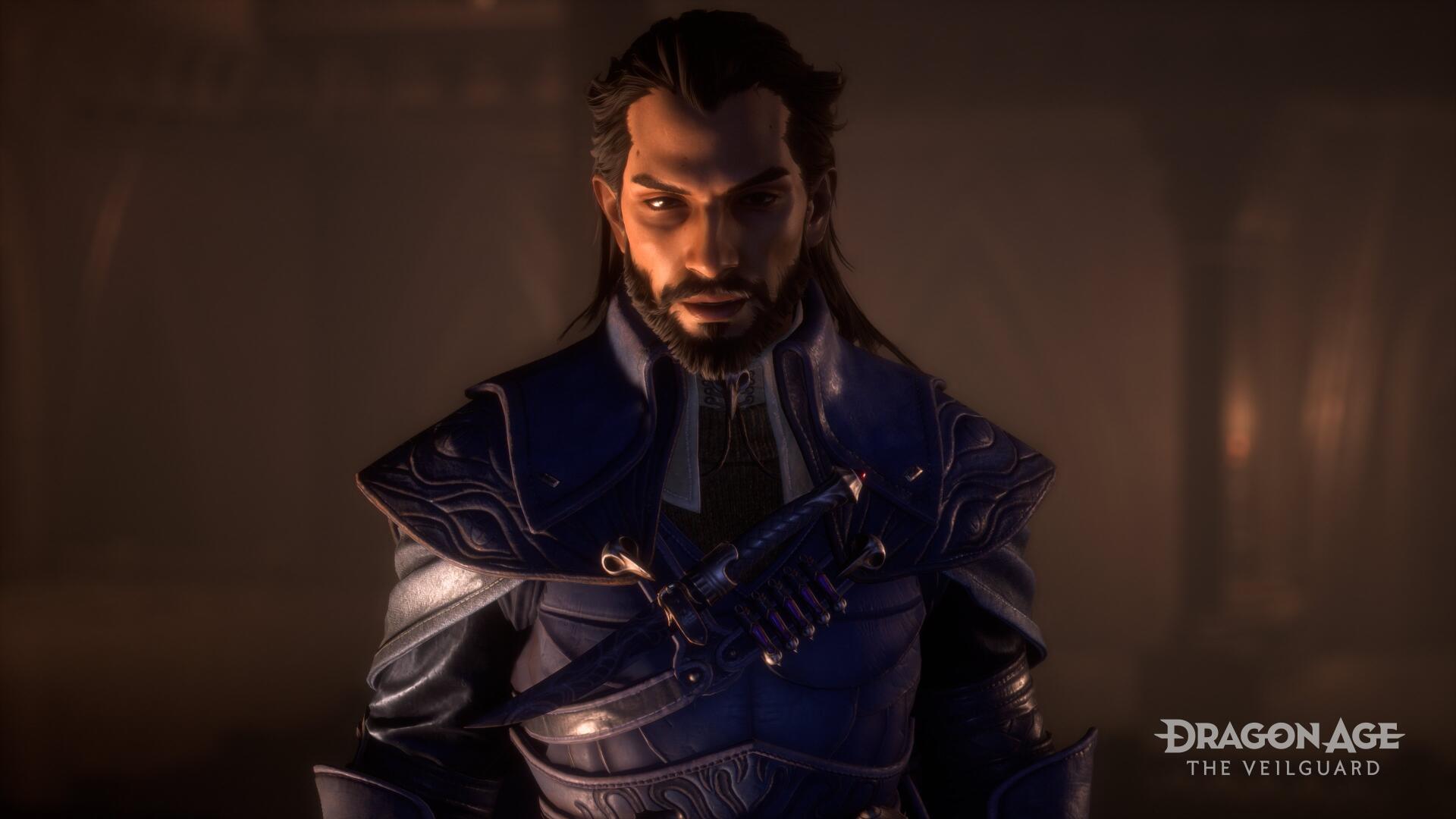 A richly detailed 4K Ultra HD wallpaper from the video game Dragon Age: The Veilguard, featuring a formidable character in intricate armor, set against a moody background.