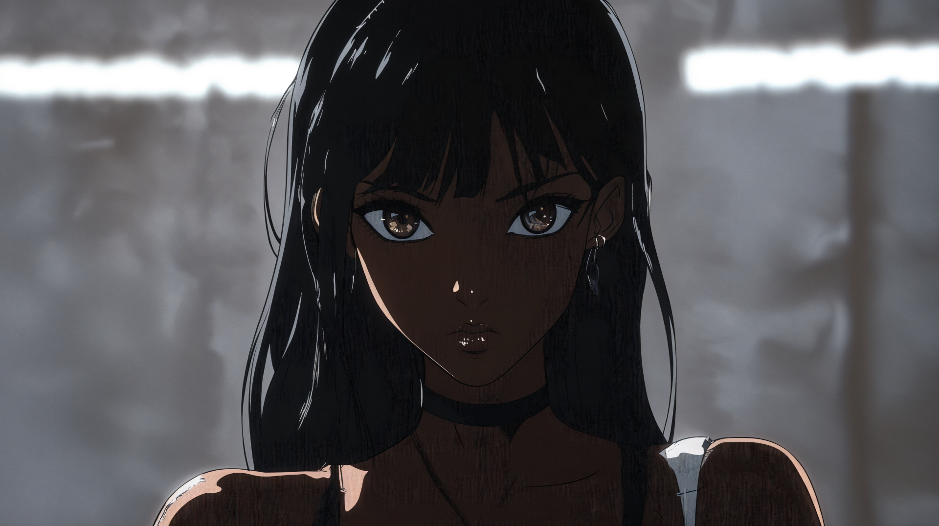 A striking 4K Ultra HD anime wallpaper featuring a black anime girl, highlighting her captivating gaze and sleek hair against a dramatic background.