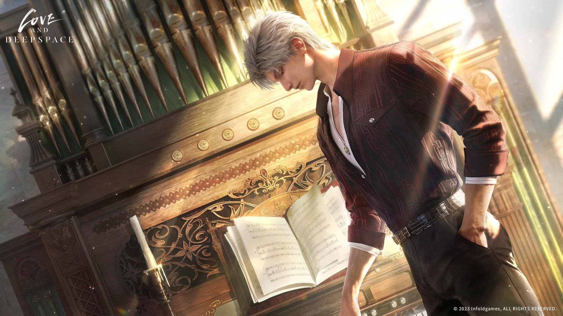 A character named Sylus from the video game Love and Deepspace stands by a piano, bathed in warm light. This 4K Ultra HD image serves as a captivating desktop wallpaper.