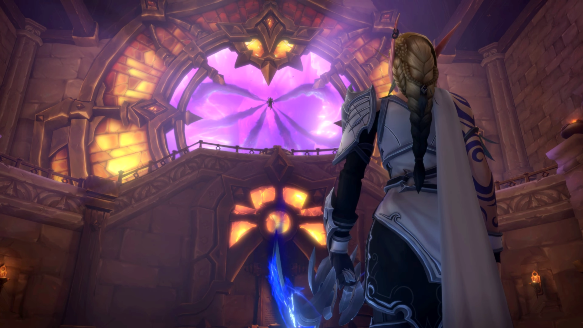 A character stands before a grand, illuminated portal in a scene from World of Warcraft: The War Within, highlighting the game's rich visuals and immersive environment. HD PC desktop wallpaper.