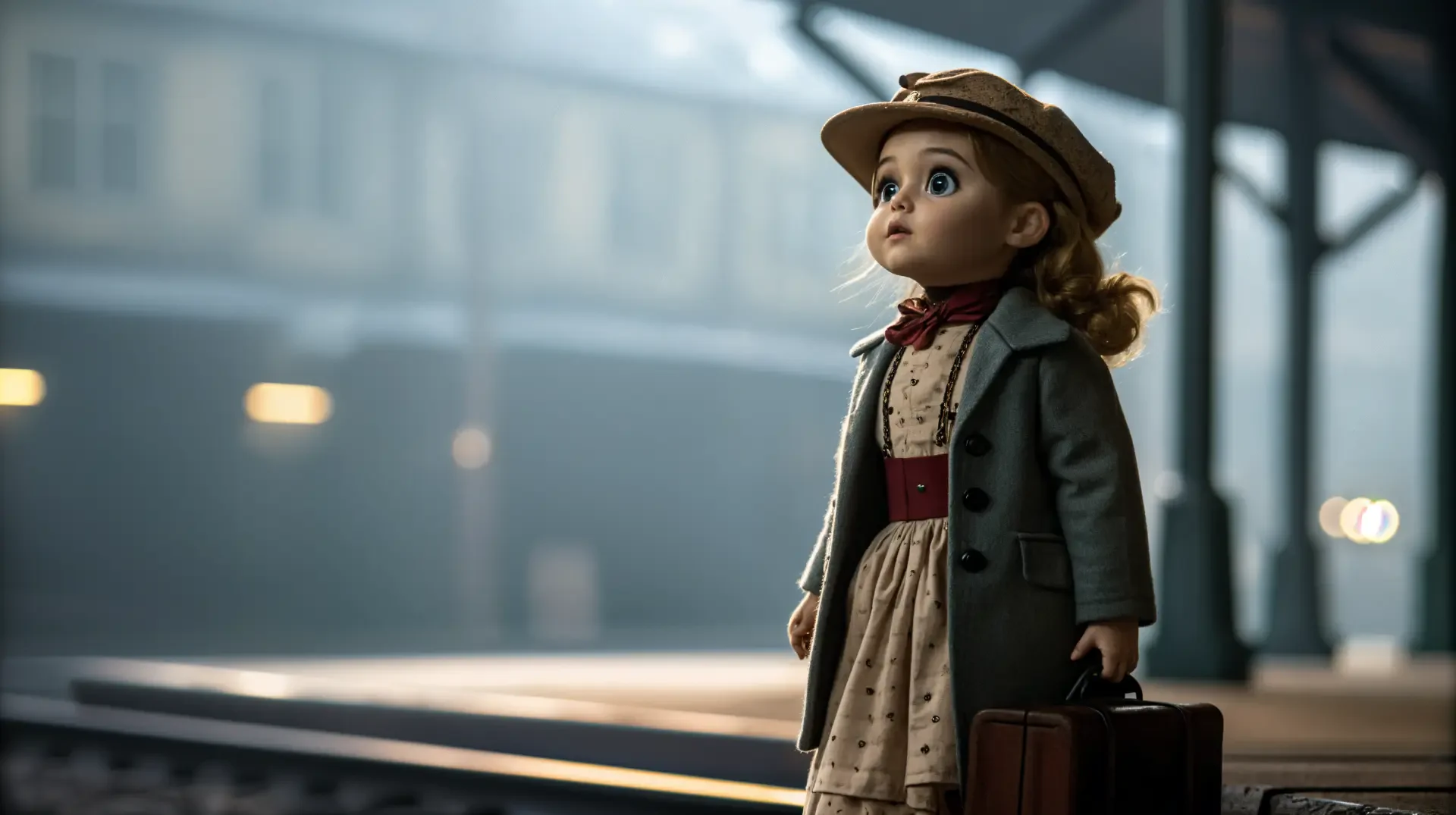 A doll in a vintage outfit stands at a train station, holding a suitcase. The scene is captured in vibrant detail, making it an engaging 4K Ultra HD desktop wallpaper.