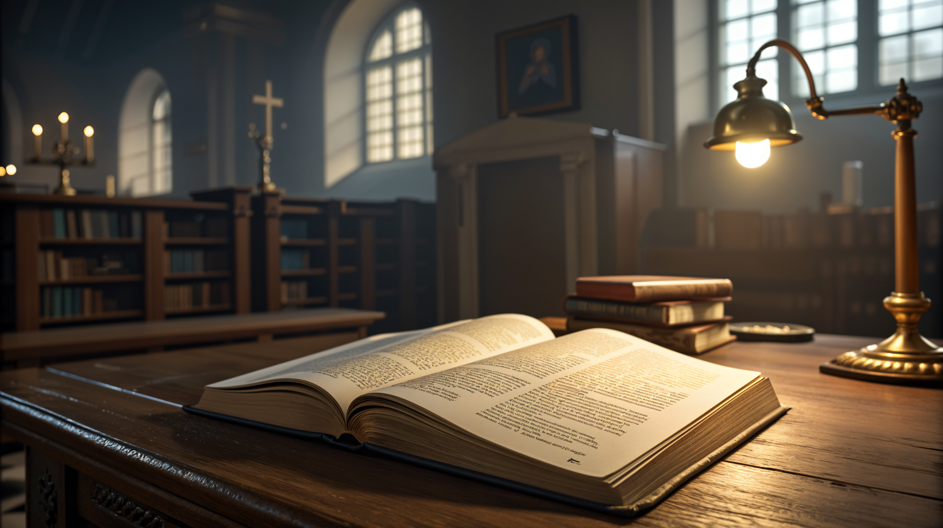 A serene interior with an open scripture on a wooden desk, illuminated by warm light, surrounded by shelves of books and a cross in a softly lit room. 4K Ultra HD wallpaper.