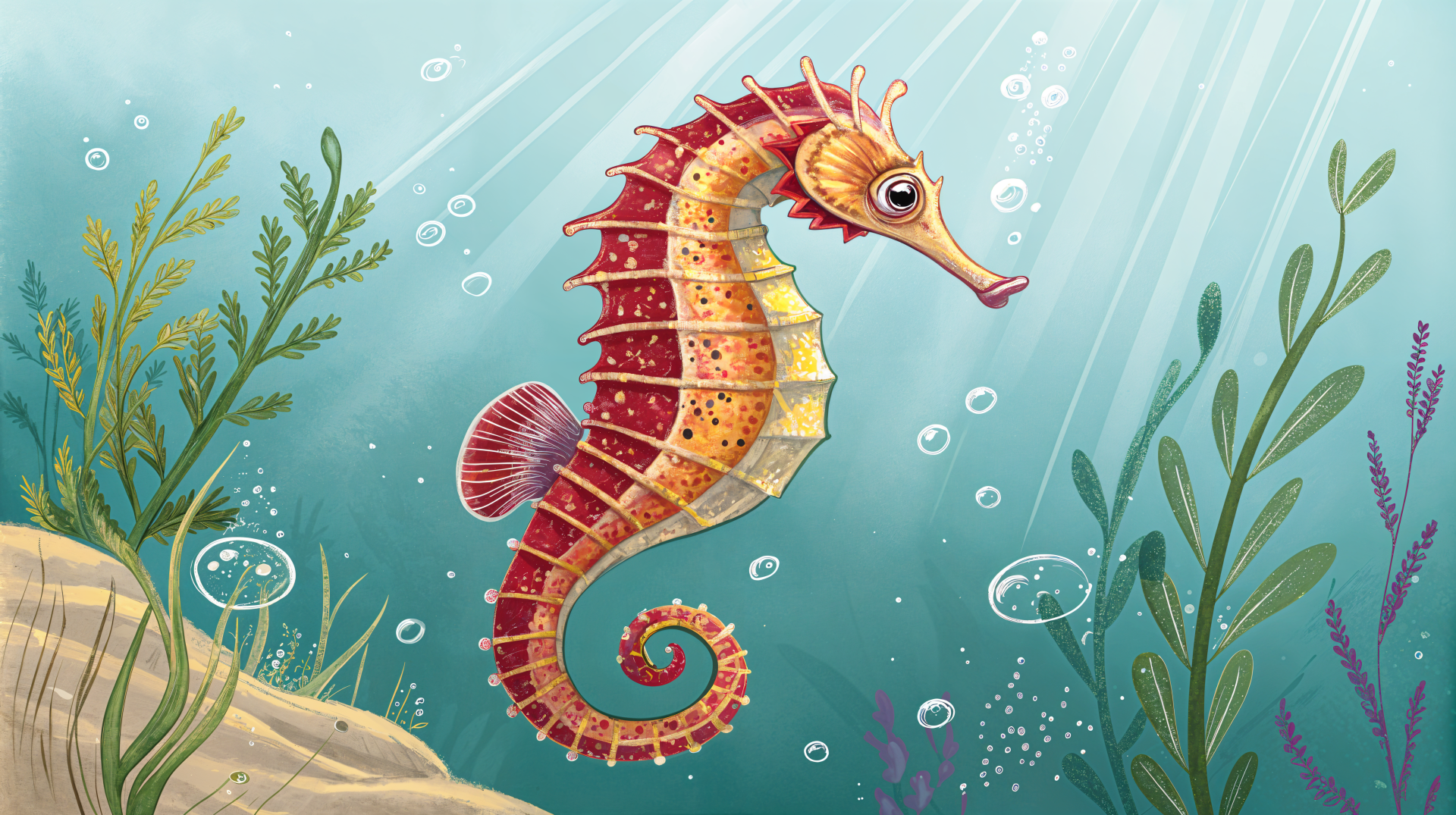 A vibrant illustration of a seahorse swimming amidst bubbles and aquatic plants, showcased in a 4K Ultra HD desktop wallpaper and background.
