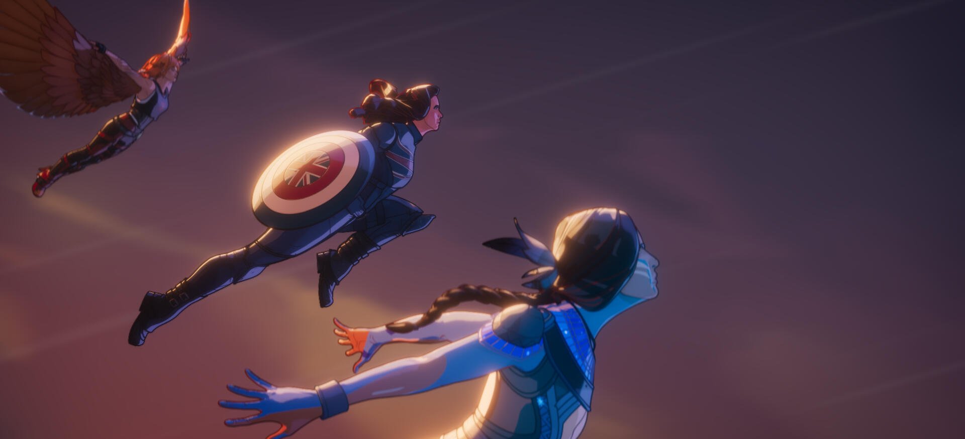 HD PC desktop wallpaper featuring characters from the TV show What If..., showcasing dynamic action and vibrant lighting against a dark background.