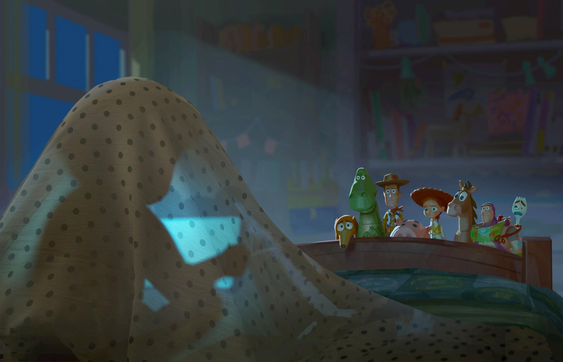 A scene from Toy Story 5 depicts a child wrapped in a blanket, surrounded by beloved toys, set in a cozy bedroom. This 4K Ultra HD wallpaper captures the magic of childhood.