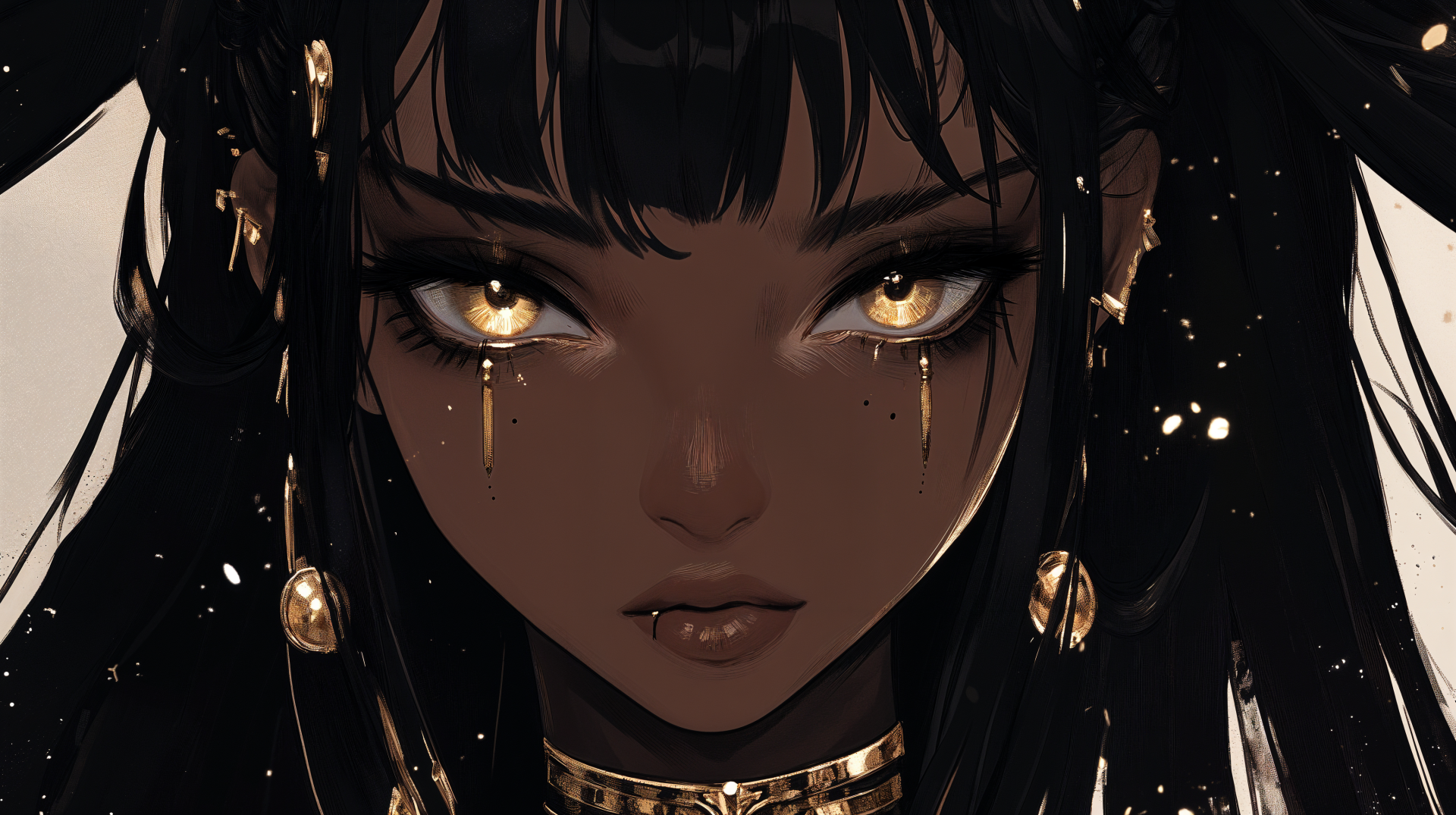 A striking 4K Ultra HD wallpaper featuring a black anime girl with captivating golden eyes and intricate jewelry, showcasing a blend of beauty and strength.