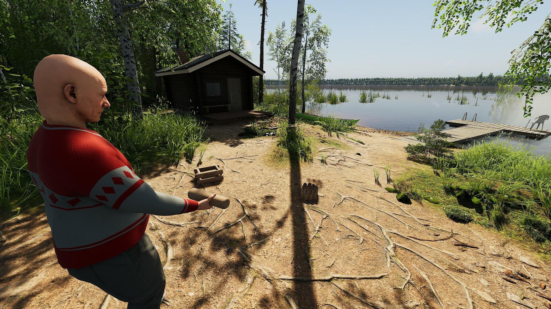 A serene scene from Finnish Cottage Simulator, showcasing a character near a picturesque lakeside cottage surrounded by lush trees and a tranquil water view. HD wallpaper for PC.