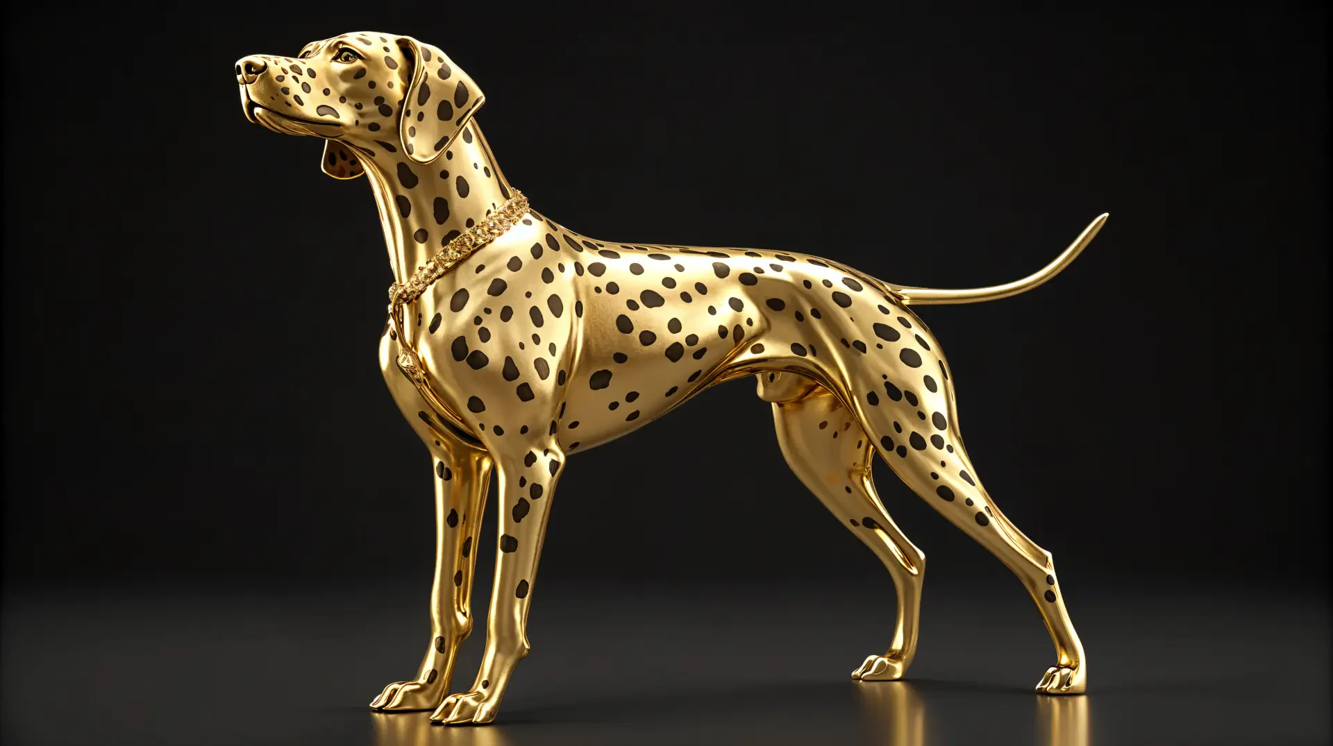 Golden Dalmatian statue in a sleek pose against a dark background, presented as a stunning 4K Ultra HD PC desktop wallpaper and background.