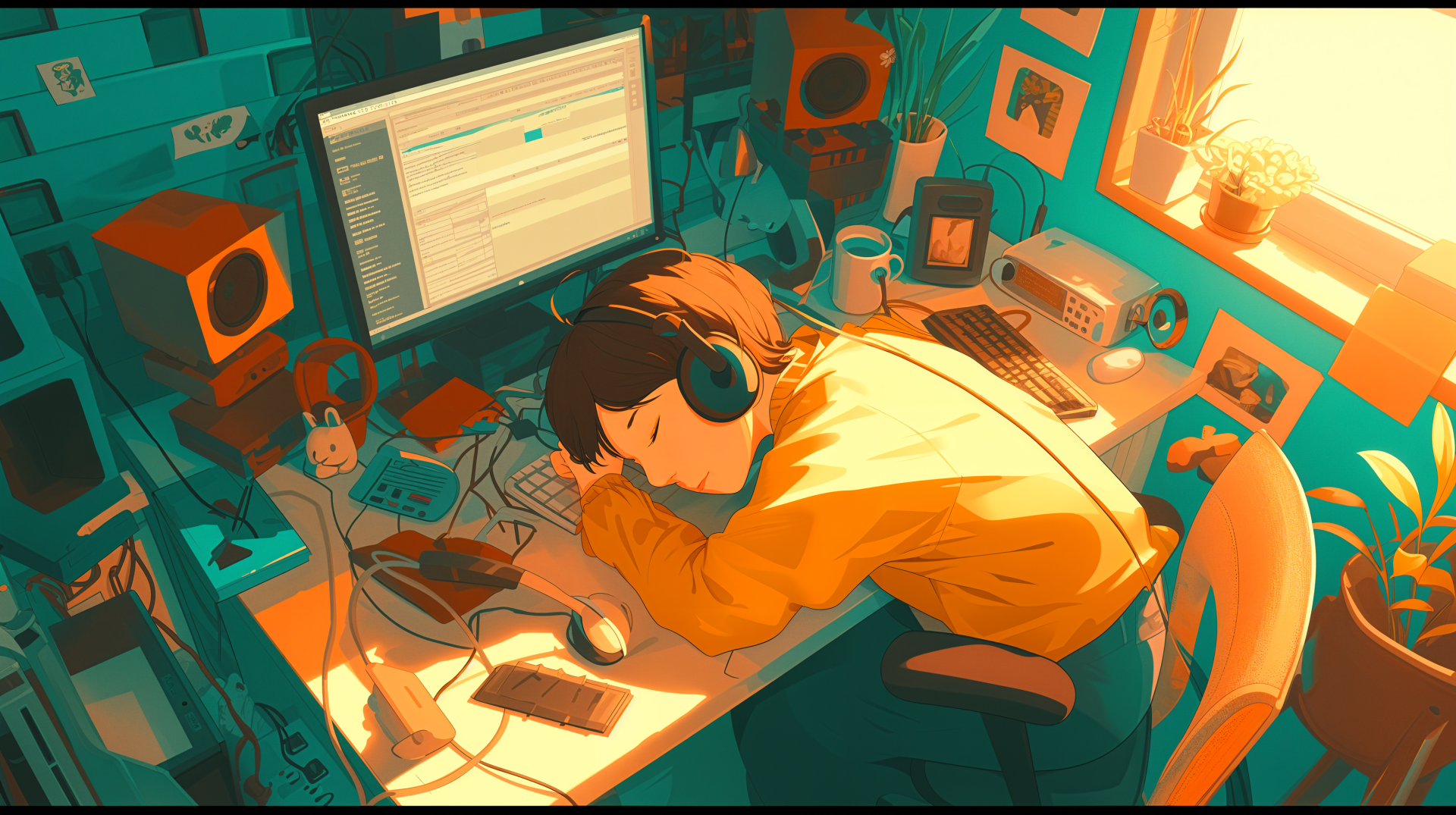 A cozy lofi-inspired scene featuring a person asleep at a cluttered desk with headphones, surrounded by a computer and warm, inviting decor. High-resolution 4K desktop wallpaper.