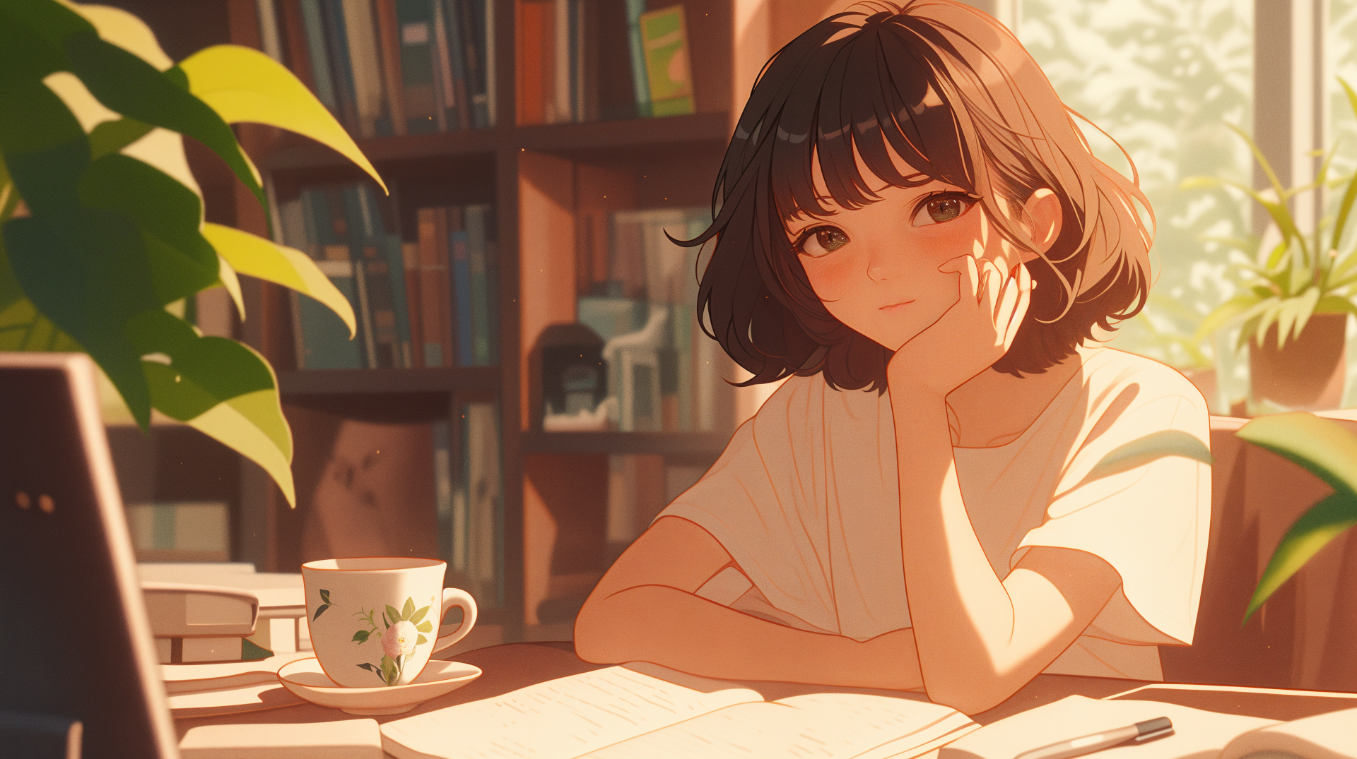 A lofi anime girl with short brown hair studies at a desk surrounded by books and a teacup, bathed in warm sunlight, captured in 4K Ultra HD.