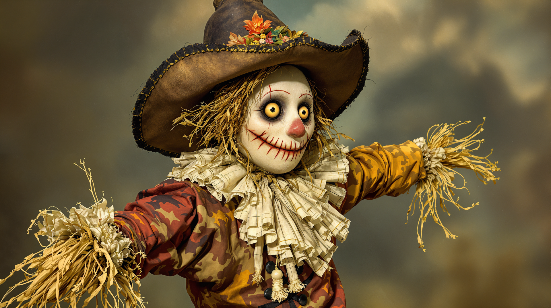 A vividly detailed scarecrow stands against a moody sky, showcasing intricate features and bright colors in this striking 4K Ultra HD desktop wallpaper.