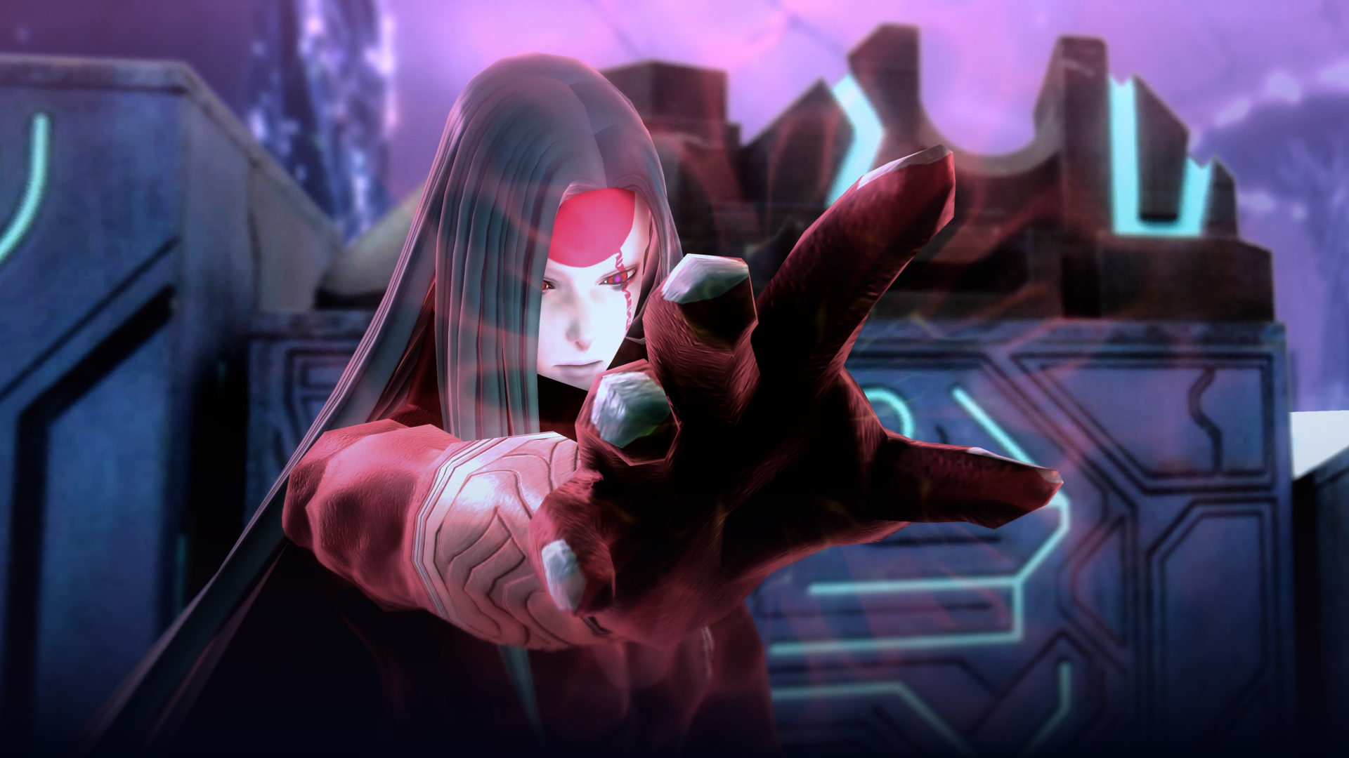 A striking 4K Ultra HD wallpaper from FANTASIAN Neo Dimension, featuring a character with long hair and a red outfit, reaching out with an intense expression against a futuristic backdrop.