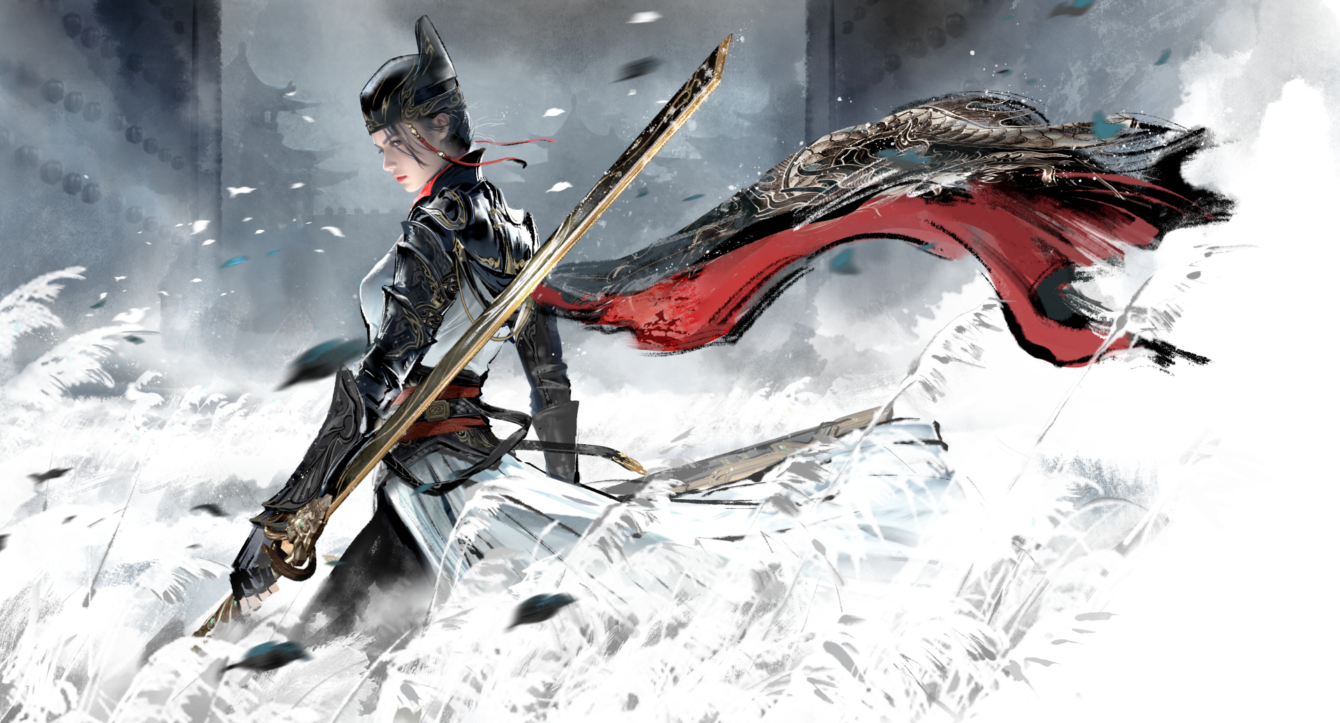 A stunning 4K Ultra HD wallpaper featuring a character from the video game Naraka: Bladepoint, poised with a sword amidst a swirling, ethereal background.