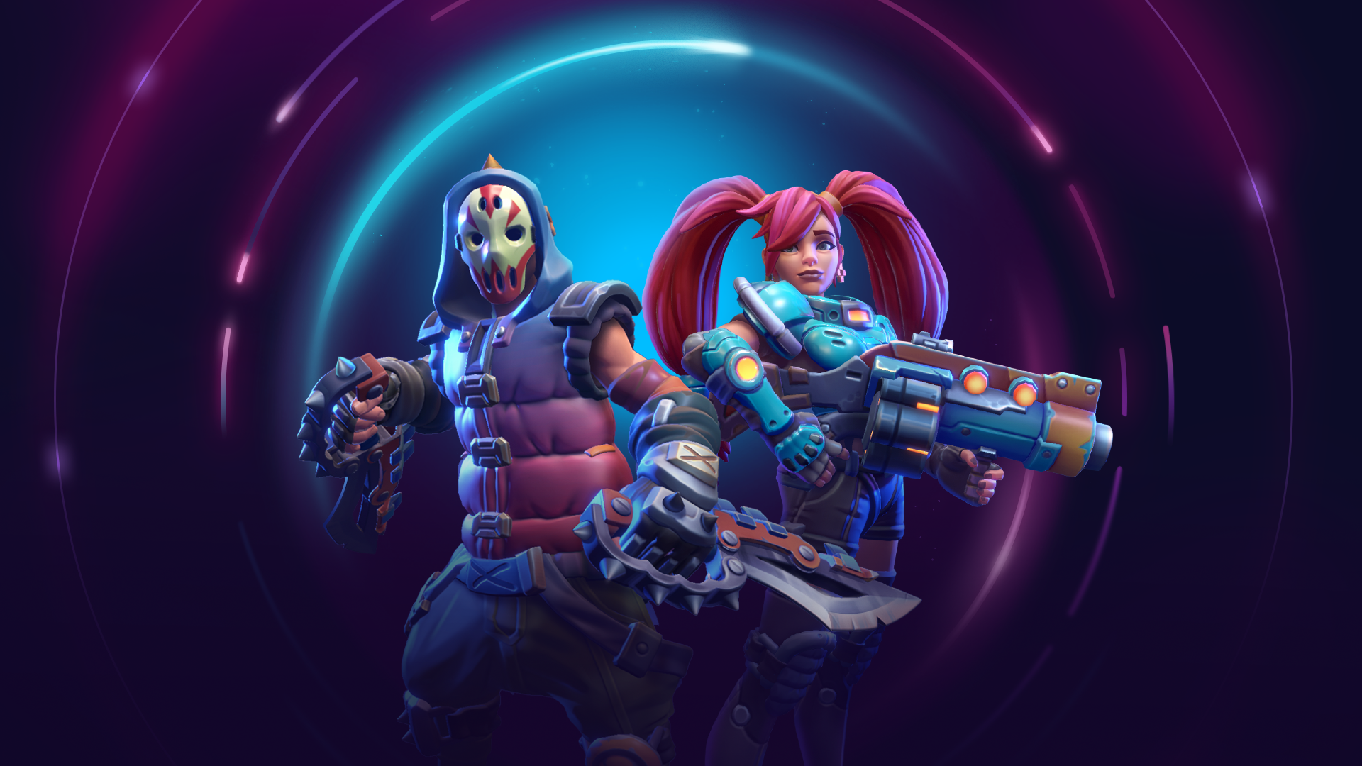 A vibrant HD wallpaper featuring characters from Corepunk, showcasing a mysterious figure with a mask and a dynamic female character armed with advanced weaponry against an energetic background.