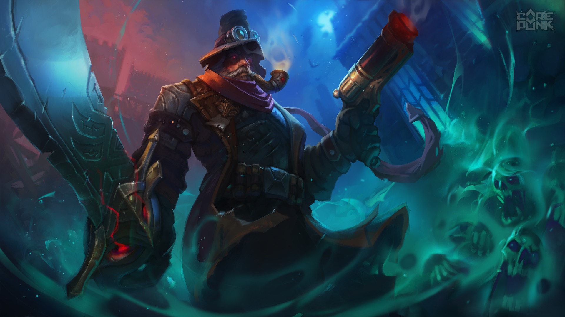 A dynamic pirate character stands confidently, wielding guns and a cutlass against a vibrant, mystical backdrop, featuring themes from the video game Corepunk. 4K Ultra HD resolution.