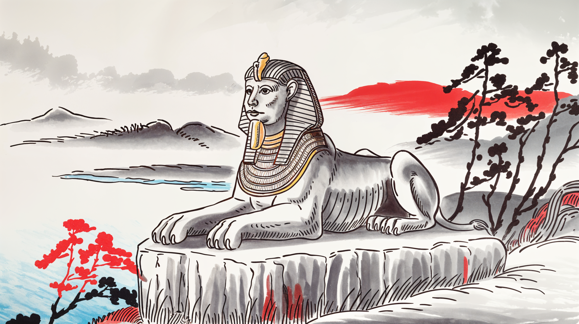 4K Ultra HD desktop wallpaper depicting an ancient Egyptian sphinx sculpture set in a mythological landscape with stylized trees and distant mountains.