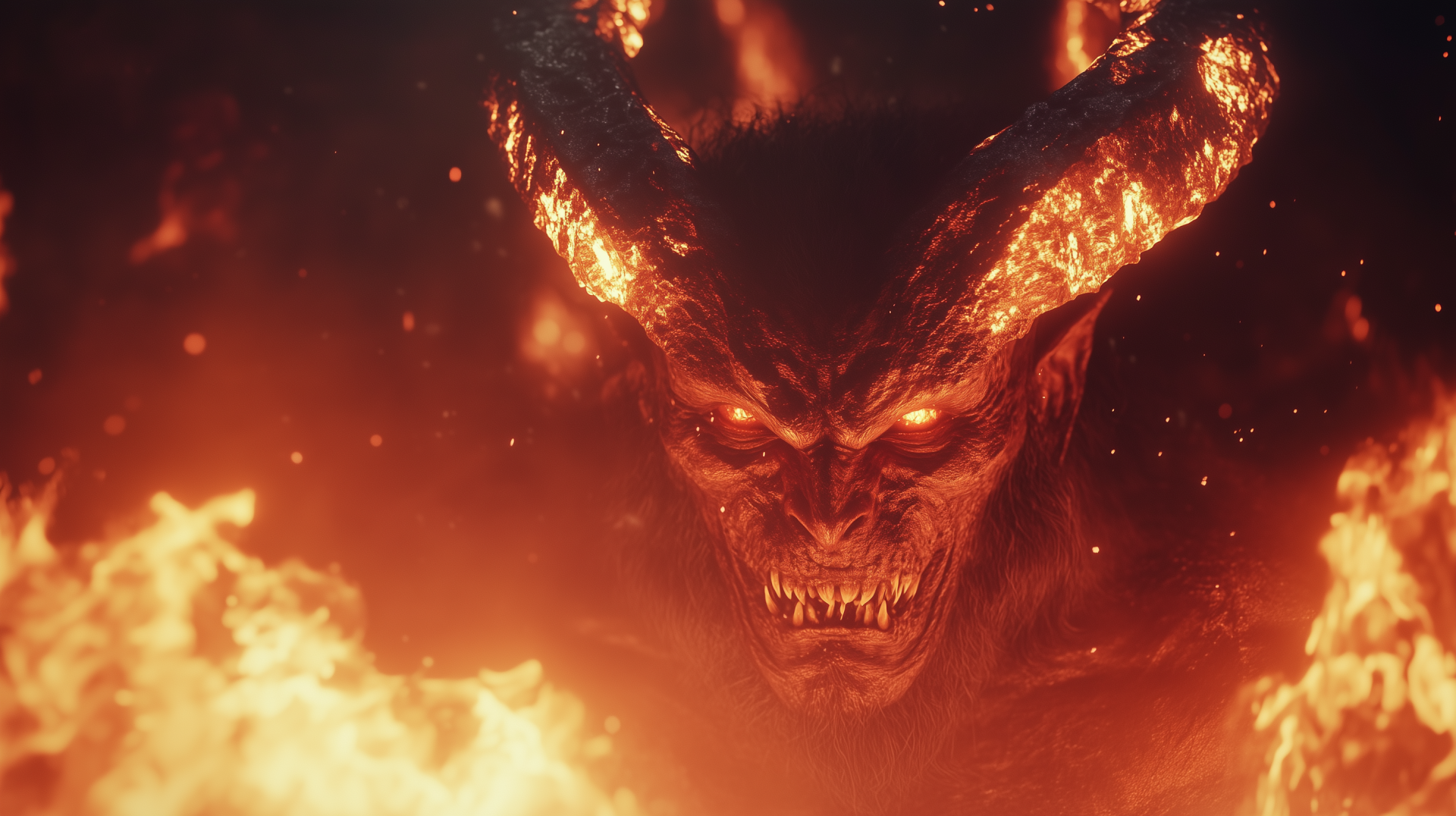 A striking HD desktop wallpaper featuring a fierce Ifrit from Diablo, surrounded by fiery flames and an intense, menacing expression.