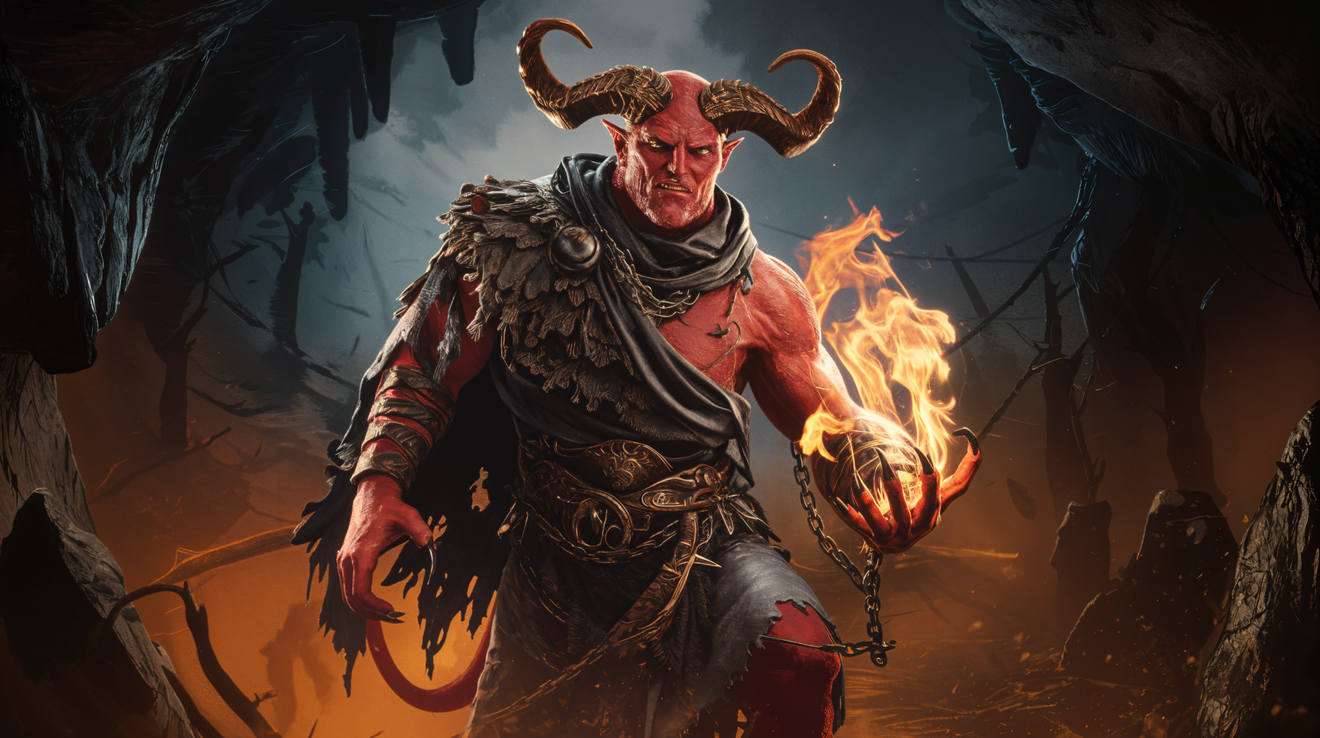 A fierce Ifrit stands wielding flames, adorned with chains. This captivating 4K Ultra HD wallpaper adds an intense fantasy element to any desktop background.