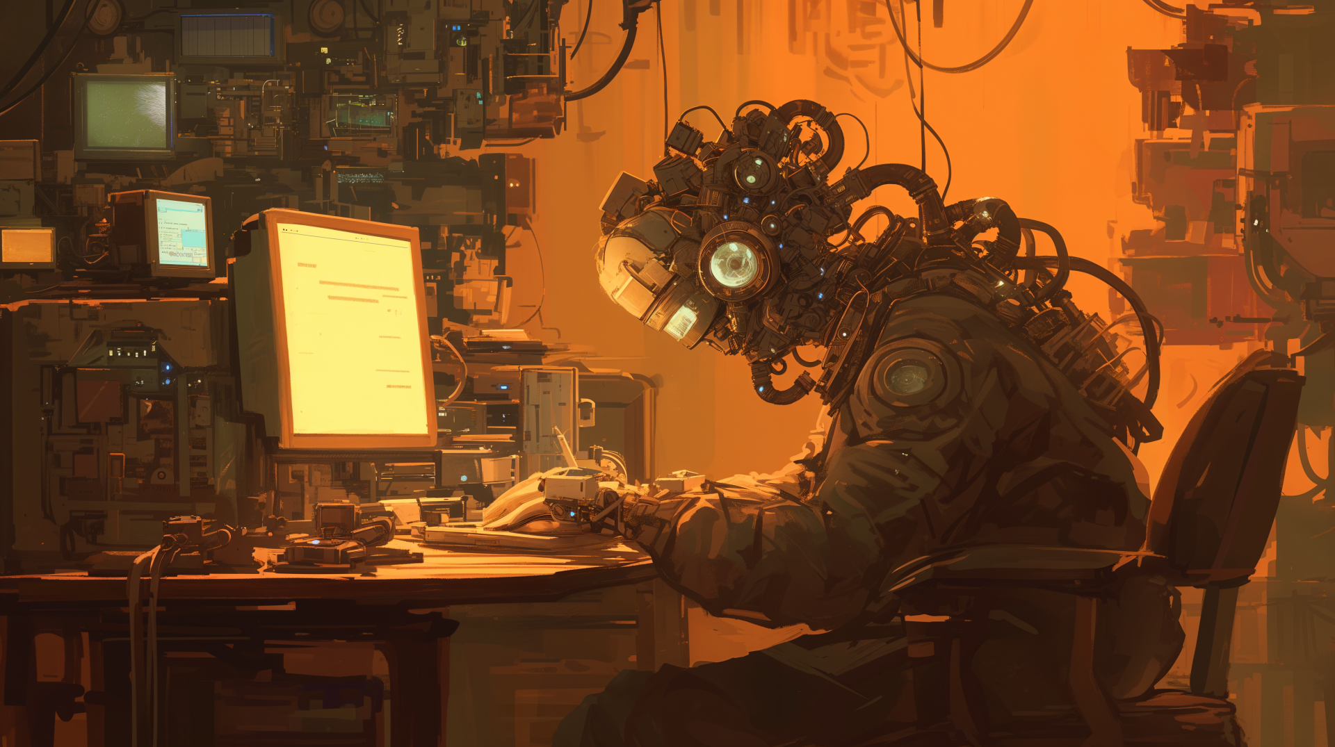 A futuristic programmer, clad in a robotic suit, works intently at a computer amidst a backdrop of advanced technology, capturing a sci-fi atmosphere in this stunning 4K Ultra HD wallpaper.