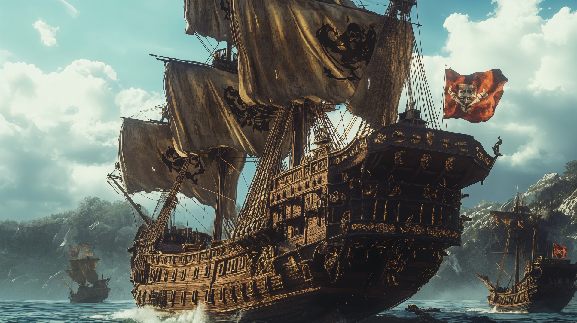 A breathtaking 4K Ultra HD image of a pirate ship sailing on the ocean, featuring billowing sails and a striking flag, set against a dramatic sky and distant ships.