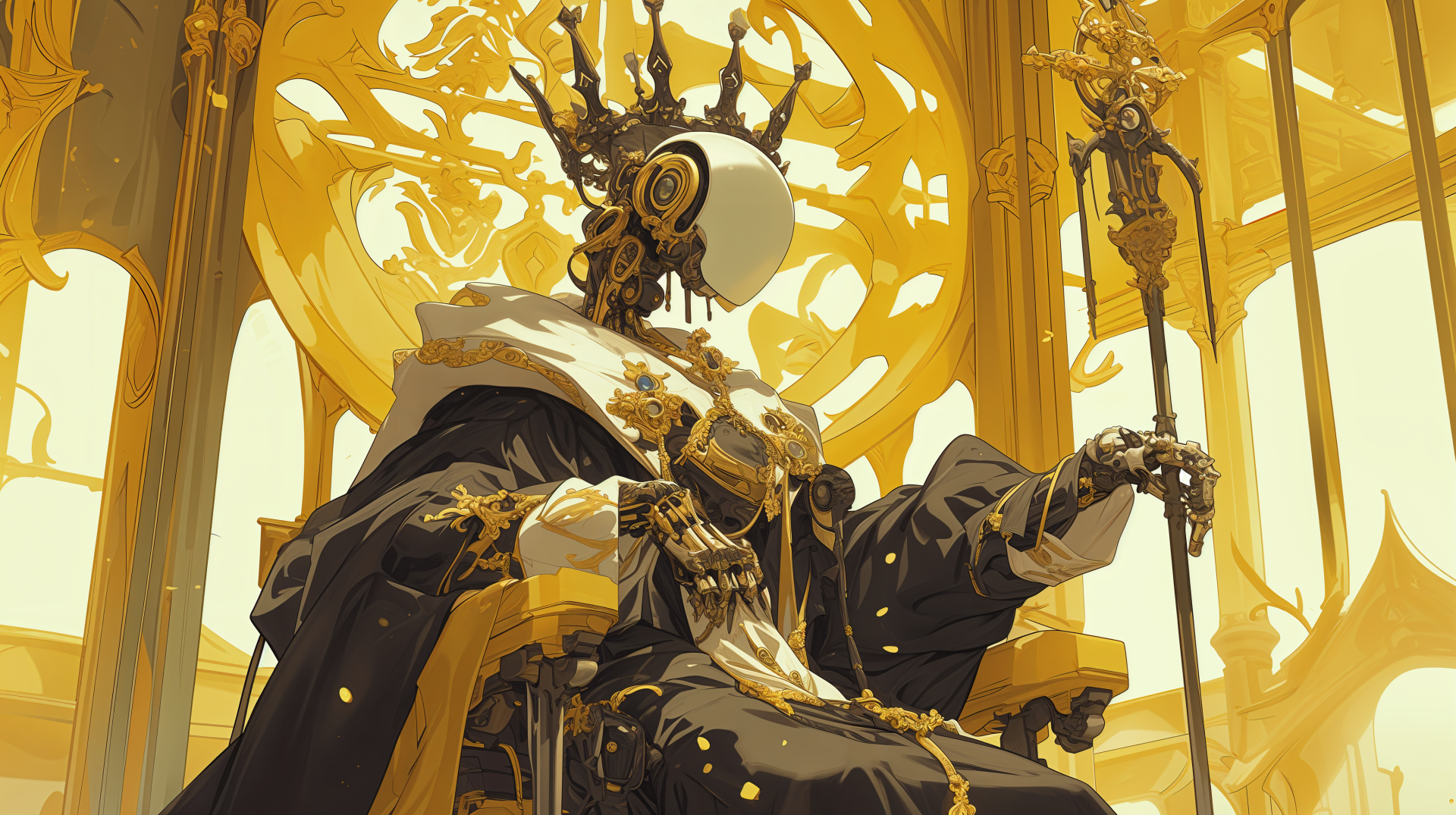 A regal robot king sits upon a throne, adorned in elaborate robes, set against a golden backdrop, embodying the grandeur of a sci-fi space opera in stunning 4K Ultra HD.