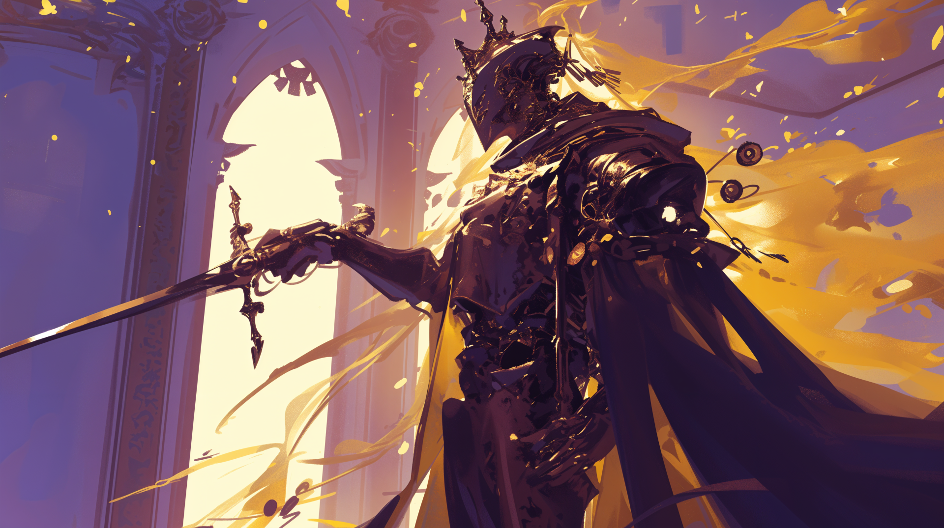 A majestic fantasy king stands confidently, holding a sword, with flowing golden robes and a regal crown, set against a backdrop of ethereal light and architectural elegance.