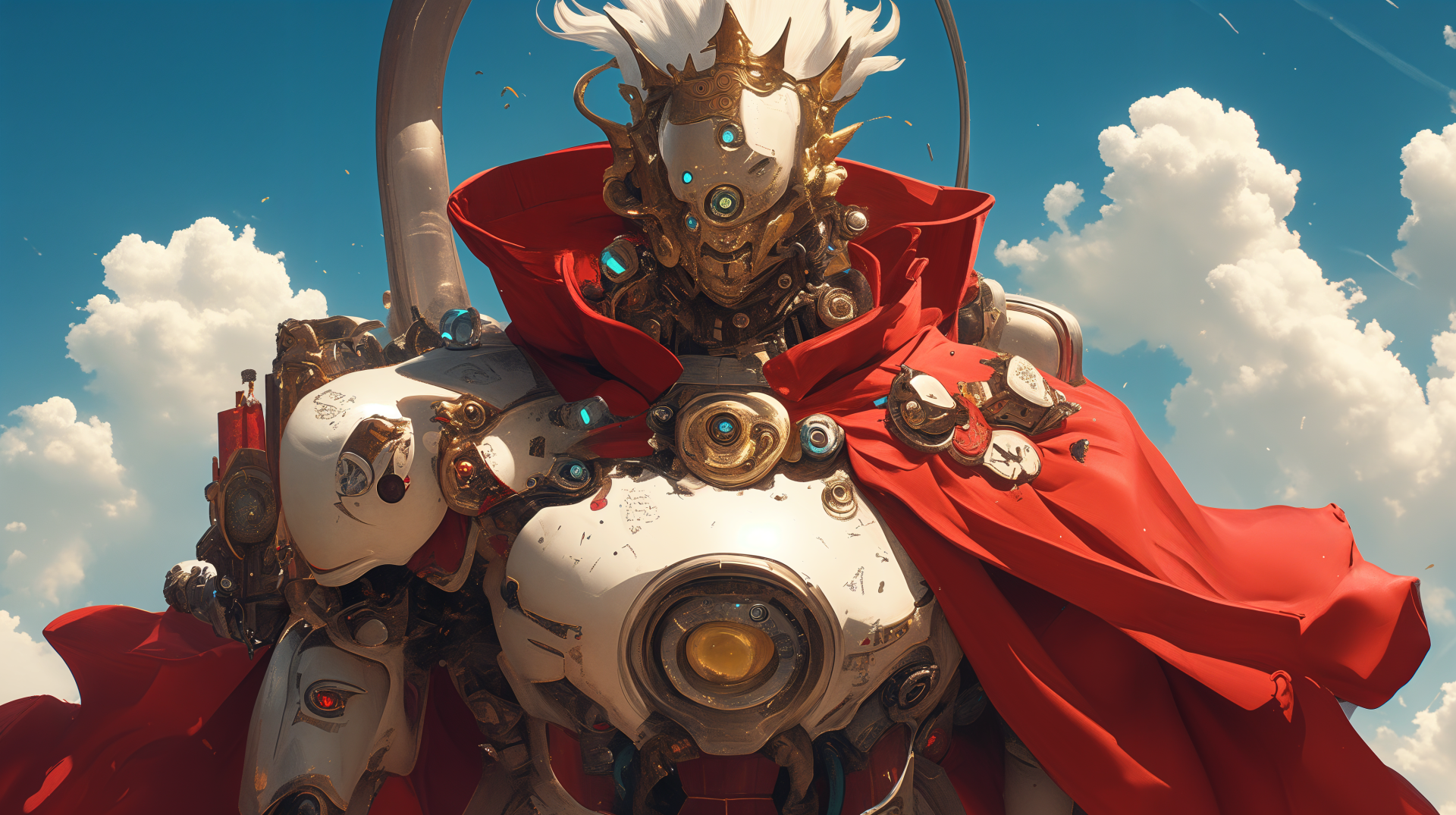 A majestic robot king stands prominently against a blue sky, adorned in a flowing red cape and intricate mechanical details, showcasing a stunning sci-fi aesthetic in 4K Ultra HD.
