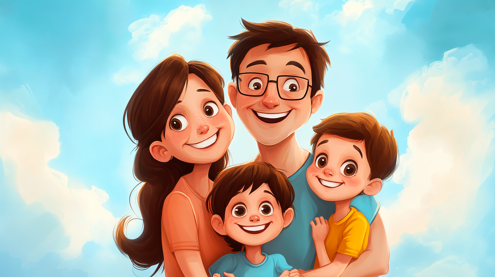 Illustration of a happy family with two parents and two children smiling against a bright blue sky, designed as a 4K Ultra HD PC desktop wallpaper background.
